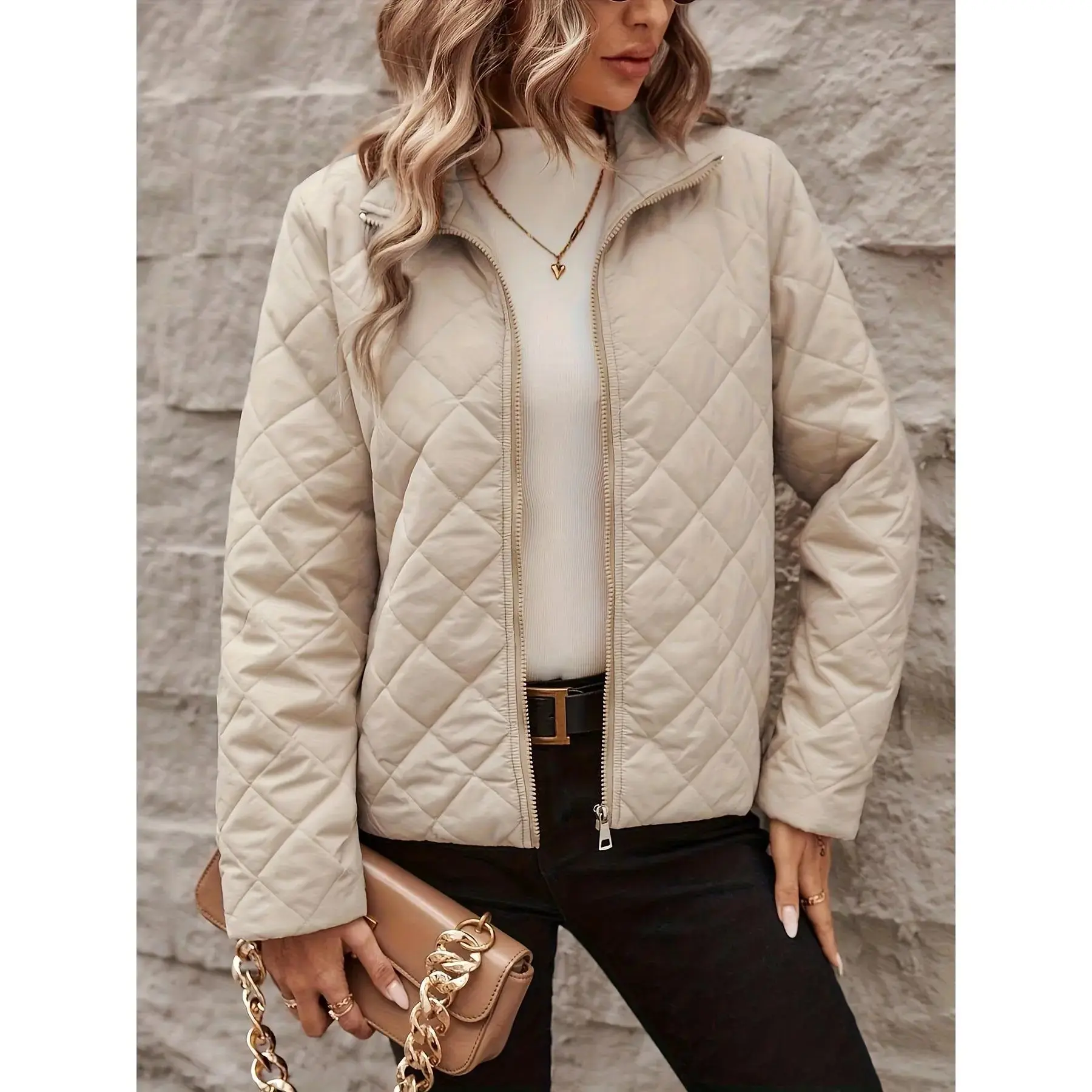 [Quilted Beige Jacket for Women] Quilted Beige Jacket for Women - Long Sleeve Zip-Up Coat with Stand-Up Collar, Front Zipper Closure, Warm Outerwear for Fall/Winter, Everyday & Formal Events - Easy-Care Women's Outerwear, Ladies W