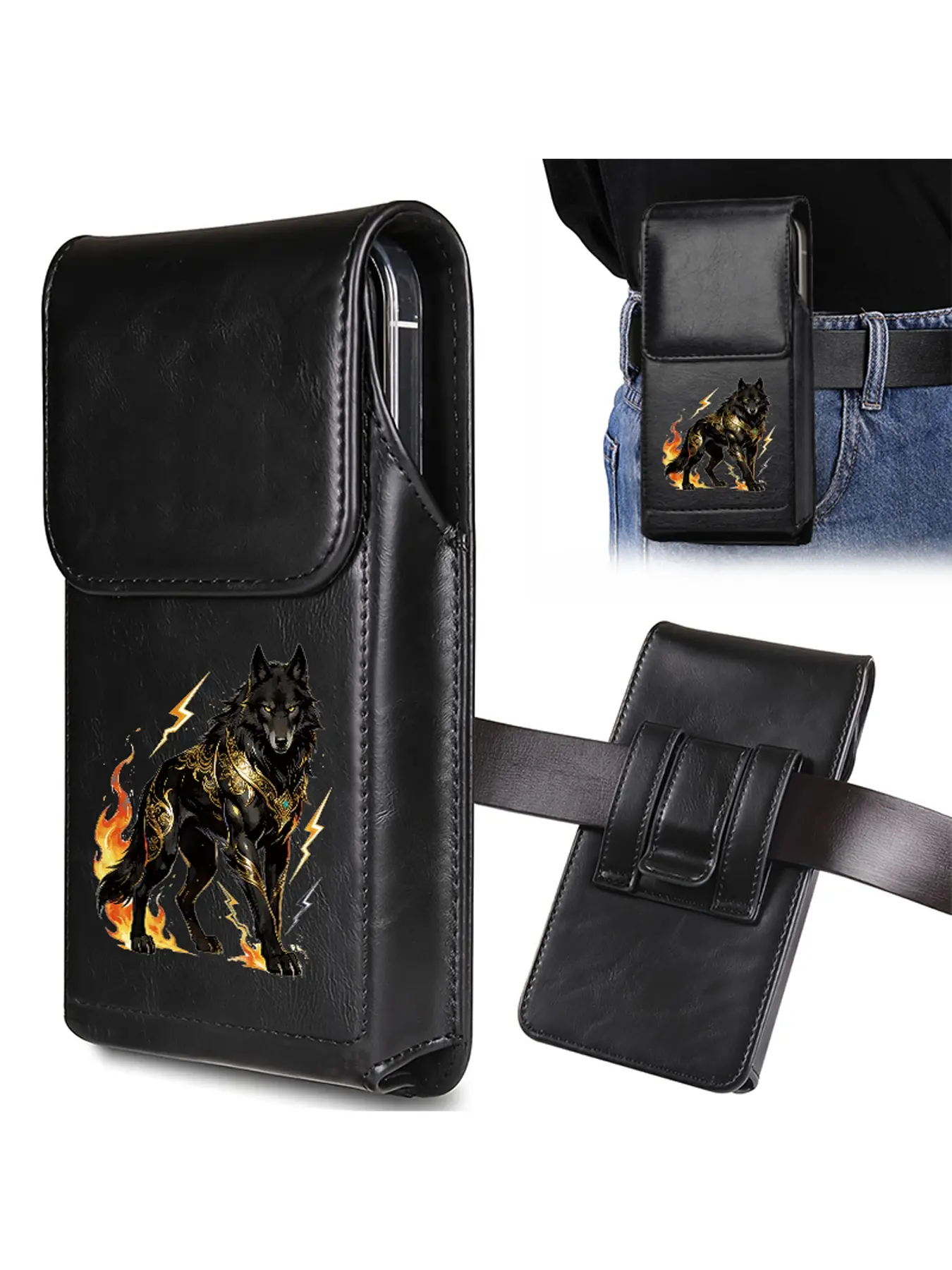 A men's mobile phone waist bag, Belt pouch, decorated with a wolf king pattern in ethnic style and gold flame and lightning patterns, a unique and mysterious gift/birthday gift