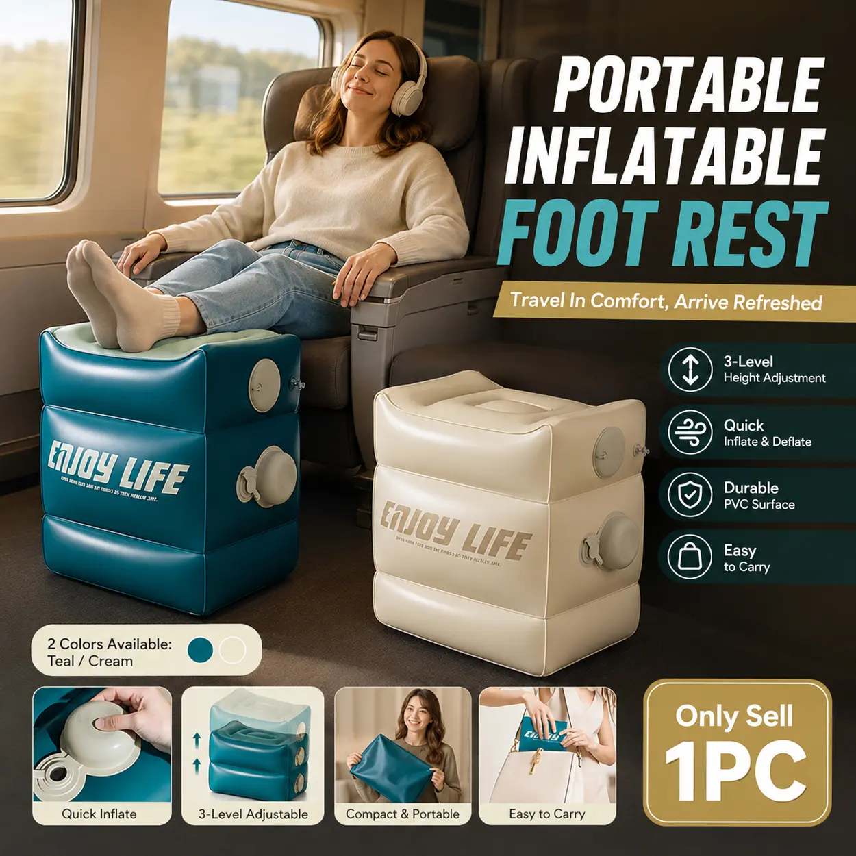 Portable Compact Inflatable Foot Rest Stool Foldable PVC Travel Step Stool with Quick Inflate Valve, 3-Level Adjustable Footrest 40x30x50cm, Lightweight Mini Pouch Design for Airplane Train Car Office Nap Home Shower Camping Travel Comfort