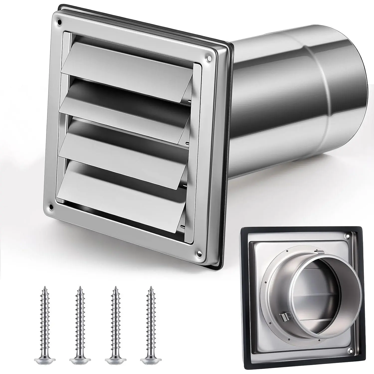 GJANSH 4" Wall Vent Cover Stainless Steel Outside Dryer Vent Covers for House Exhaust Duct Kit with Removable Extension Pipe 8 Inch and 4 Screw for House Outdoor Extended Air Pipe, Silver