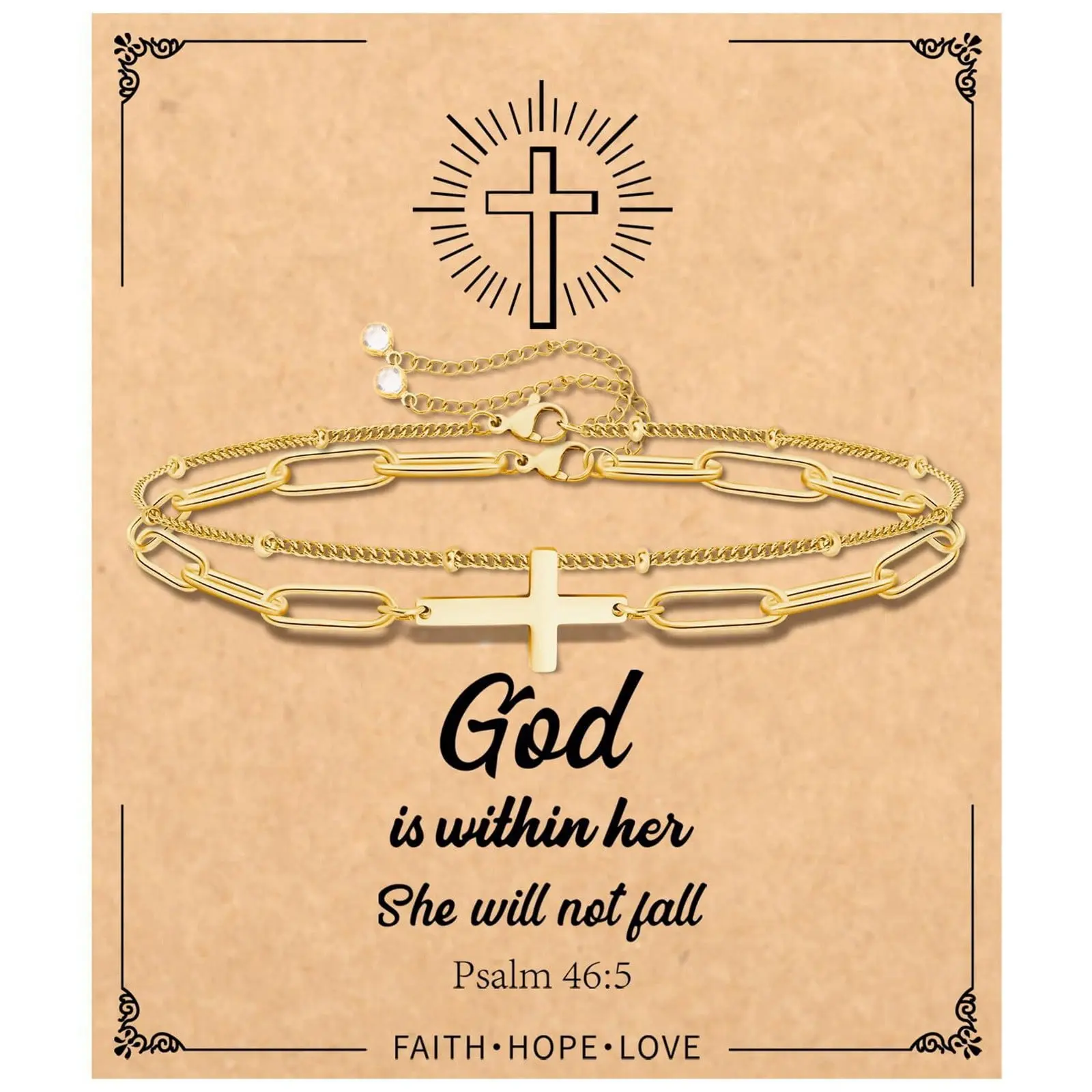 Christian Motif Bracelets for Women, Minimalist Gold Cross Charm on a Double-Strand Layered Chain, Adjustable Spiritual Jewelry Gift, Christian Motif Bracelets & Bangles, Gold Cross Charm Bracelets & Bangles