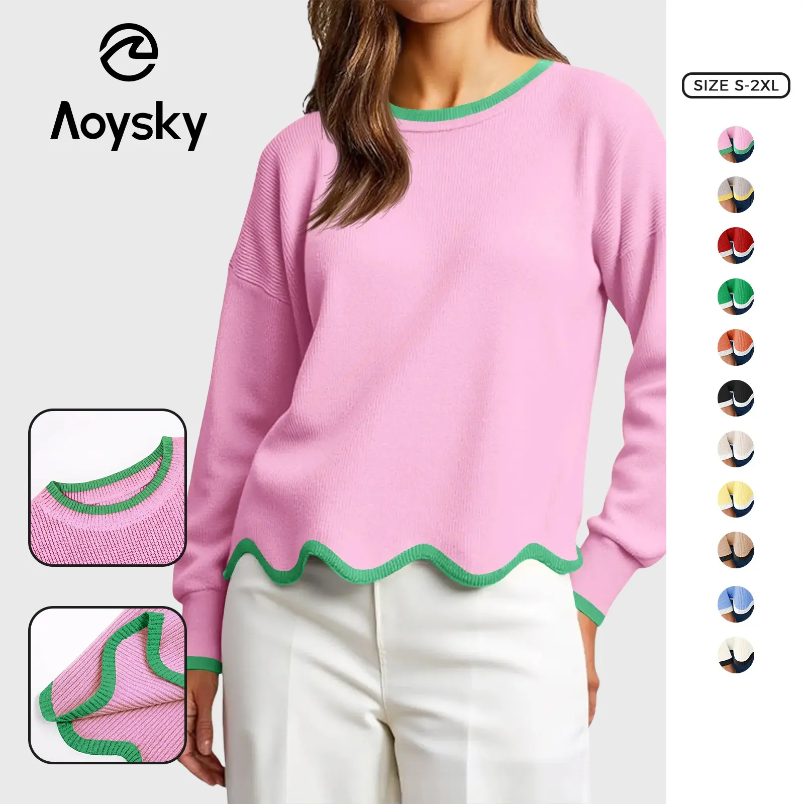 Aoysky Women's Lady Color Block Knit Top, Baggy Oversize Round Neck Basic Pullover with Long Balloon Sleeves, Scalloped Hem for Back to School, Tops,back to school shopping, Thanksgiving