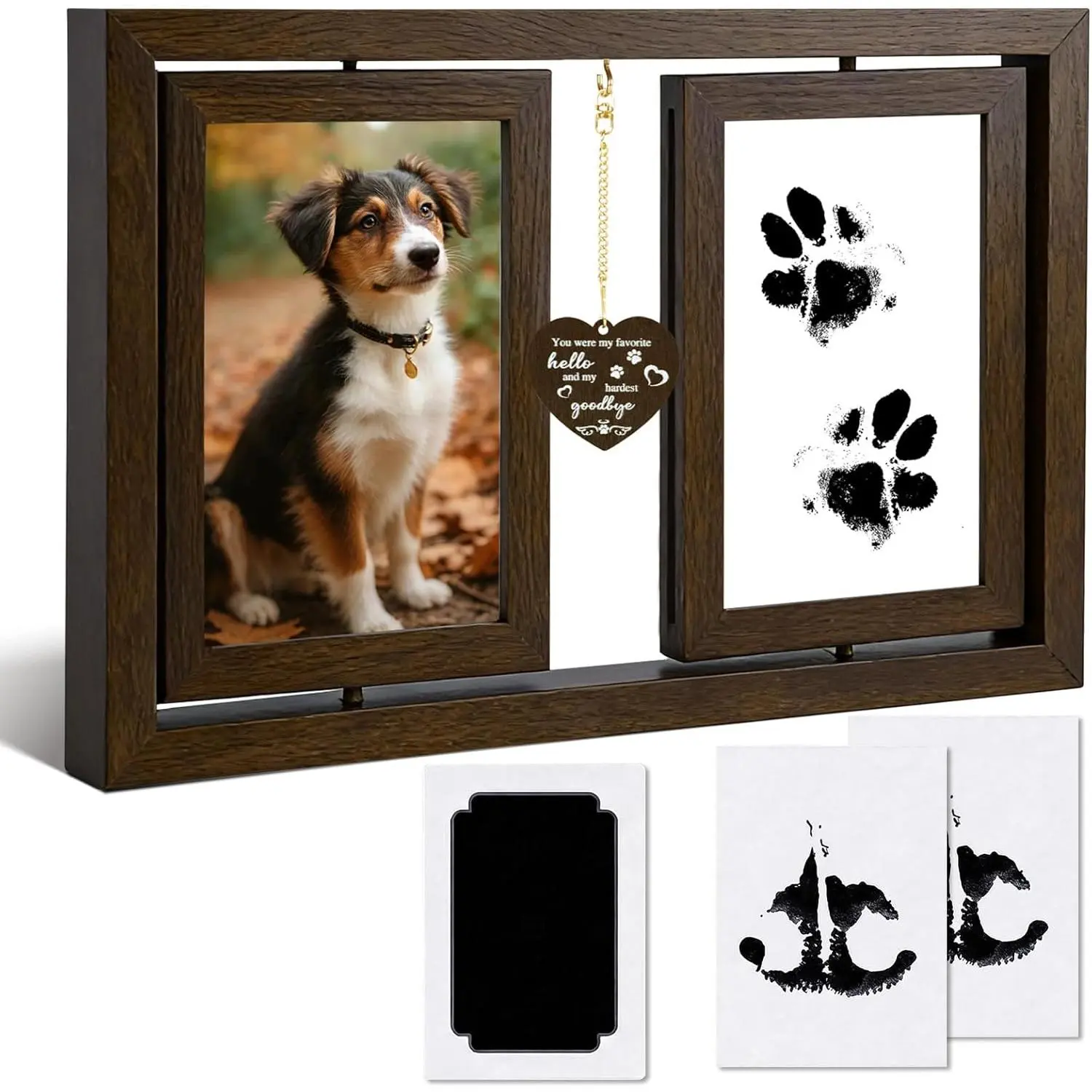 Dog Picture Frame 4x6, Rotating Wooden Pet Paw & Nose Print DIY Impression Kit, Memorial Gifts for Loss of Cat Passing Away Sympathy Gifts