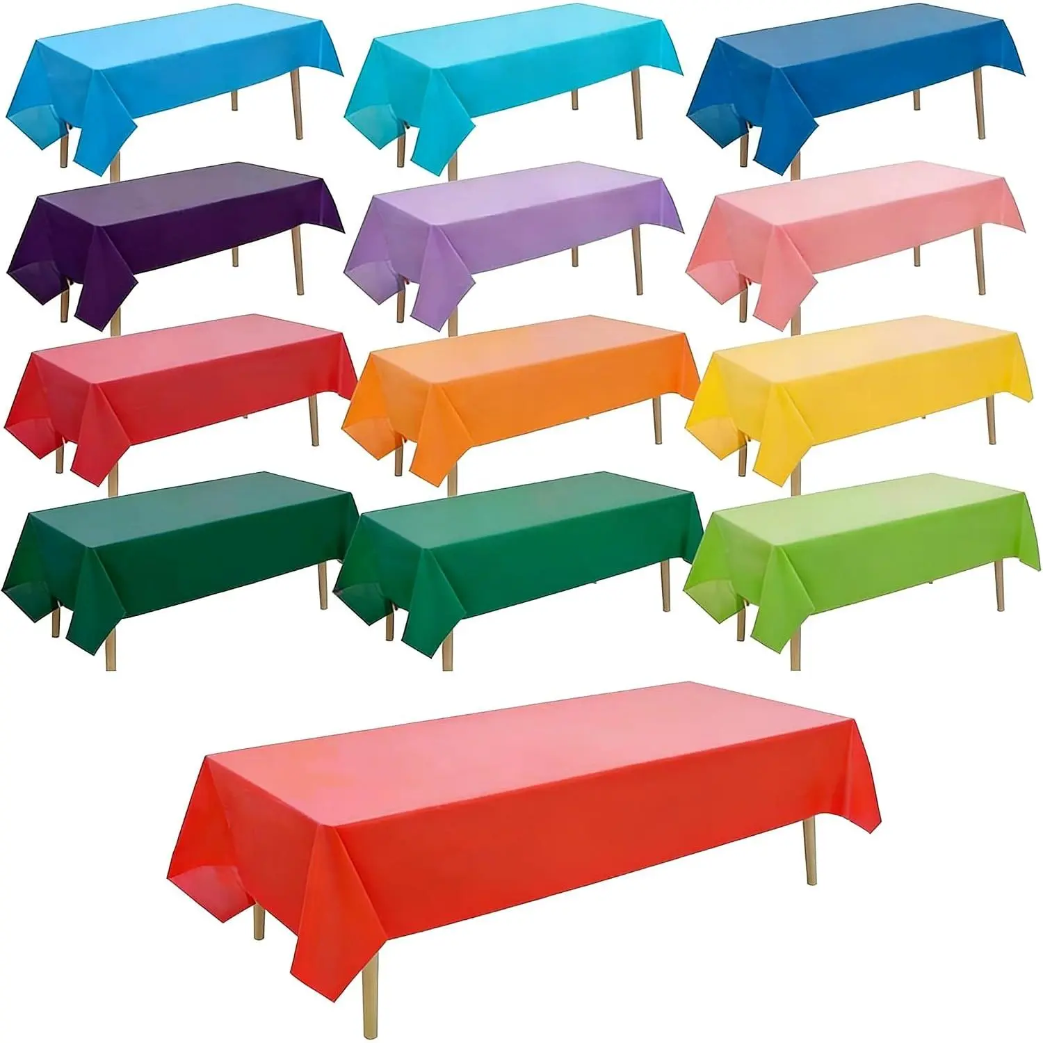 12 Pack  Color Plastic Tablecloths, 54 x 108 Inch Disposable Rectangular Rainbow Table Covers,  Picnic Manteles de Mesa, Multi-use Party Decorations