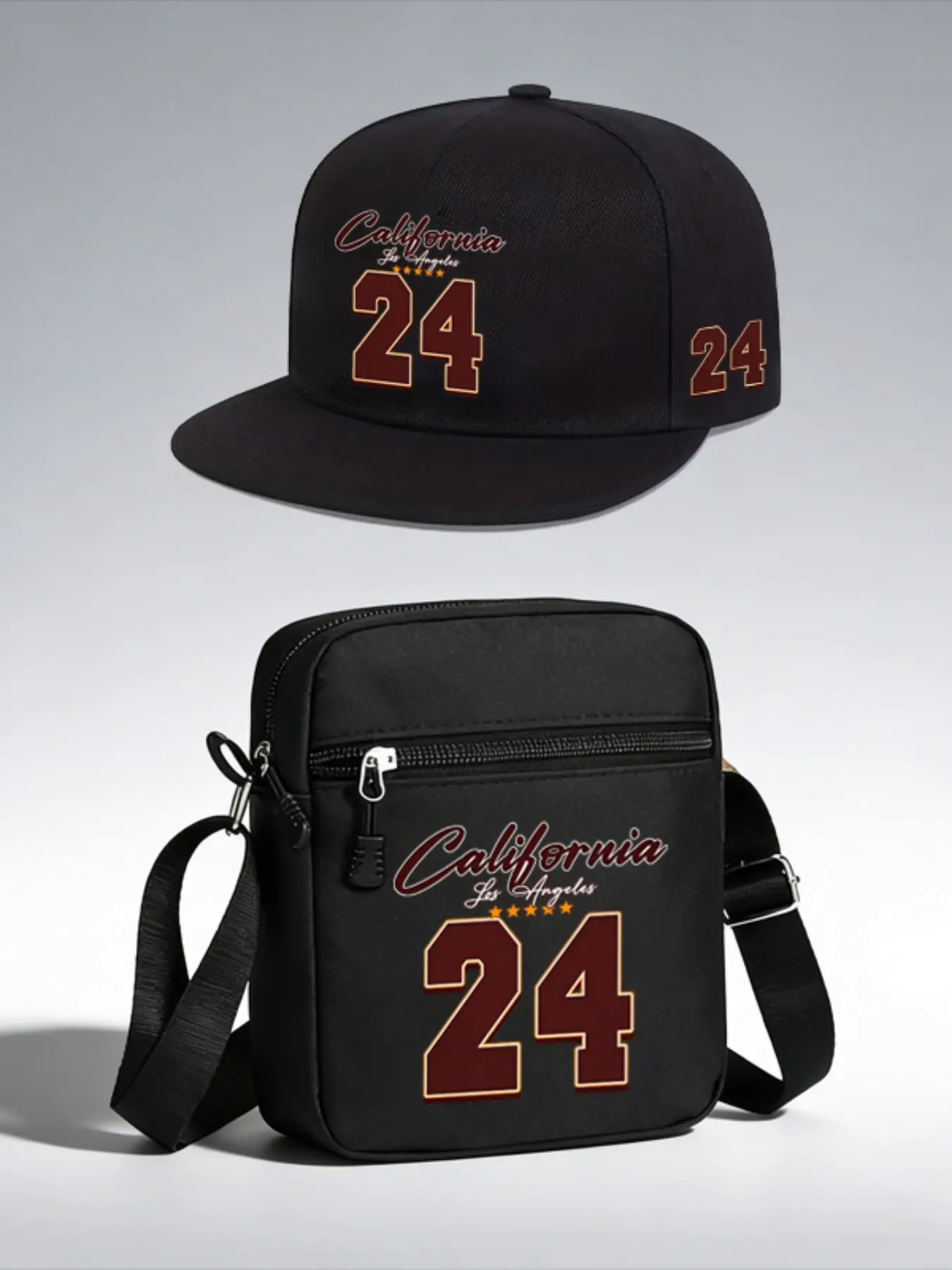 California 24 Cartoon Print Baseball Hat and Crossbody Bag Set, Adjustable Street Fashion, Casual All-Season Accessories, Perfect Gift