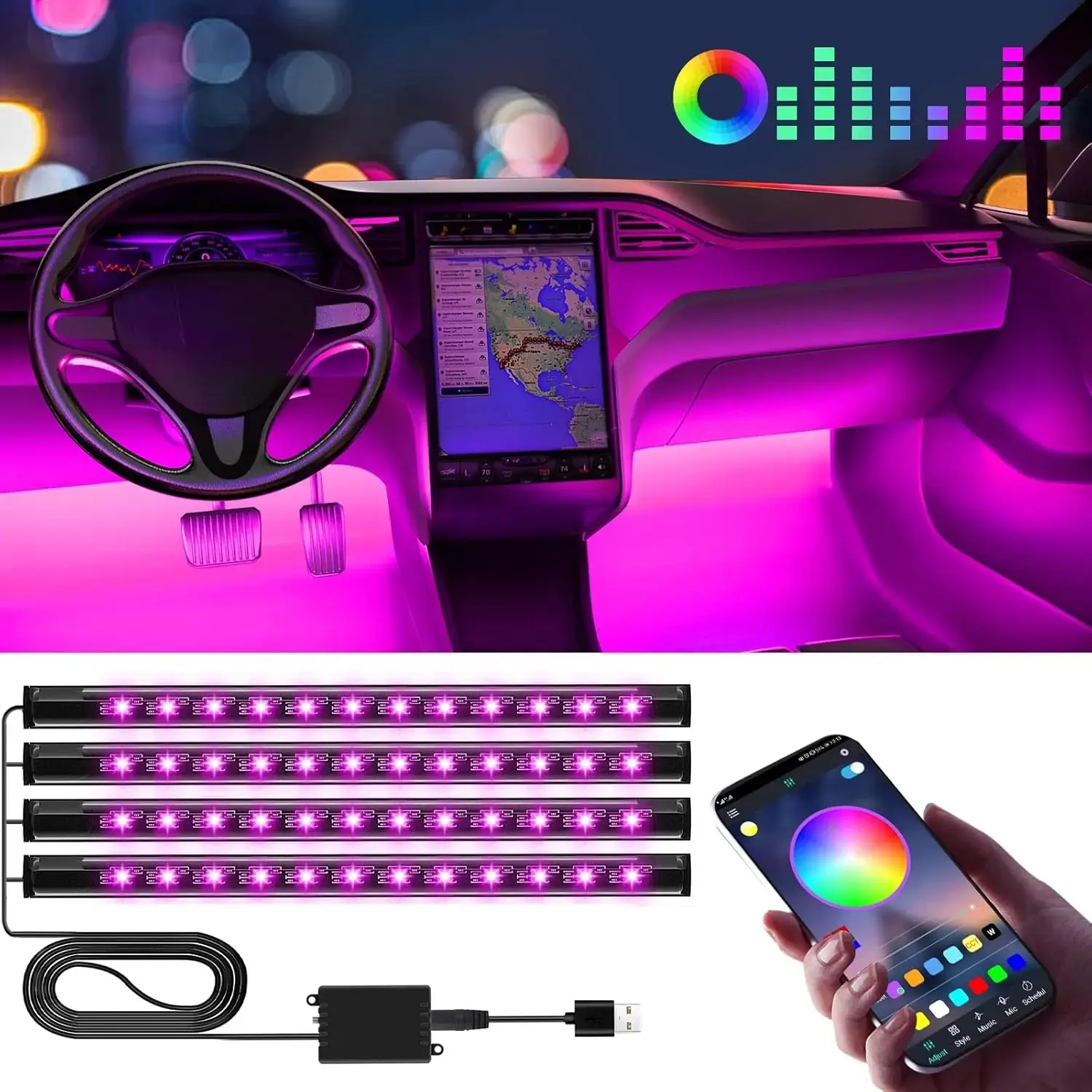 Rystar RGB Car Ambient Light, Car Interior Decorative Atmosphere Light, App & Remote Control, Music Sync, Multi Color Modes Auto Decor LED Light