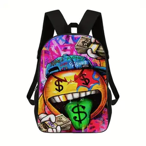 Hip-Hop Style Backpack with Vibrant Prints — A Lightweight Laptop Bag featuring Adjustable Straps, Zipper Closure, and a Dragon Motif. Ideal for Teens, it blends practicality with fashion-forward style. Boasting a large capacity, it is perfect for travel,