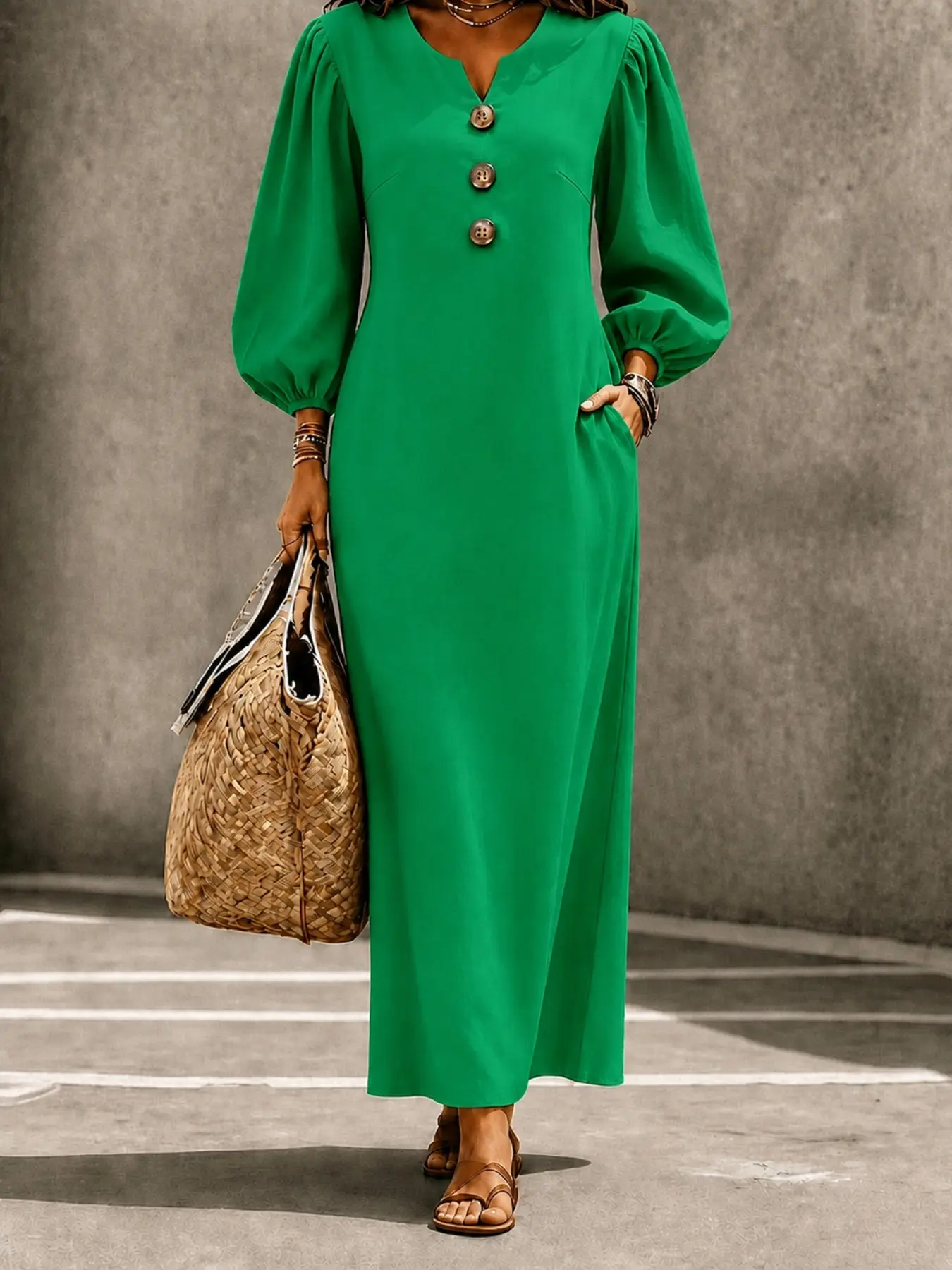 Women's Solid Color Casual Long Dress, V Neck Three Button Closure, Sleeveless with Pockets, Loose Fit for Commute and Vacation