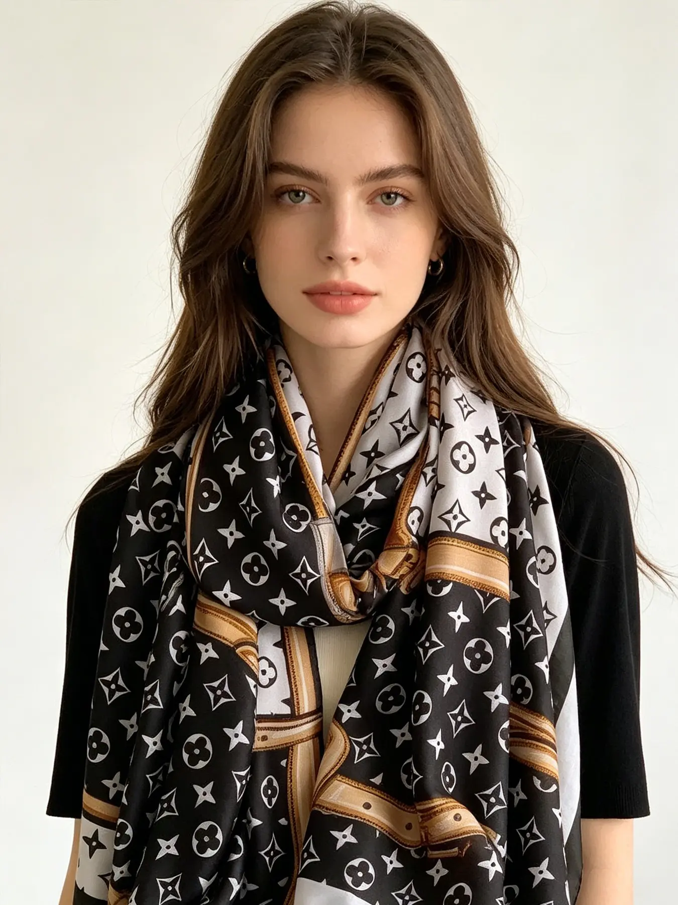 Luxury Print Large Shawl, Soft Smooth Satin Material, Timeless Retro Pattern, Elegant Silk Scarf, All Seasons, Loose-Fitting, Limited Stock