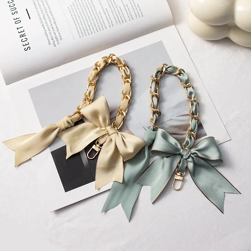 Bow Chain Bag Strap for Women, Satin Ribbon Purse Replacement Strap, Coquette Aesthetic Handbag Accessory, Cute Feminine Shoulder Strap with Gold Chain for Mini Bags
