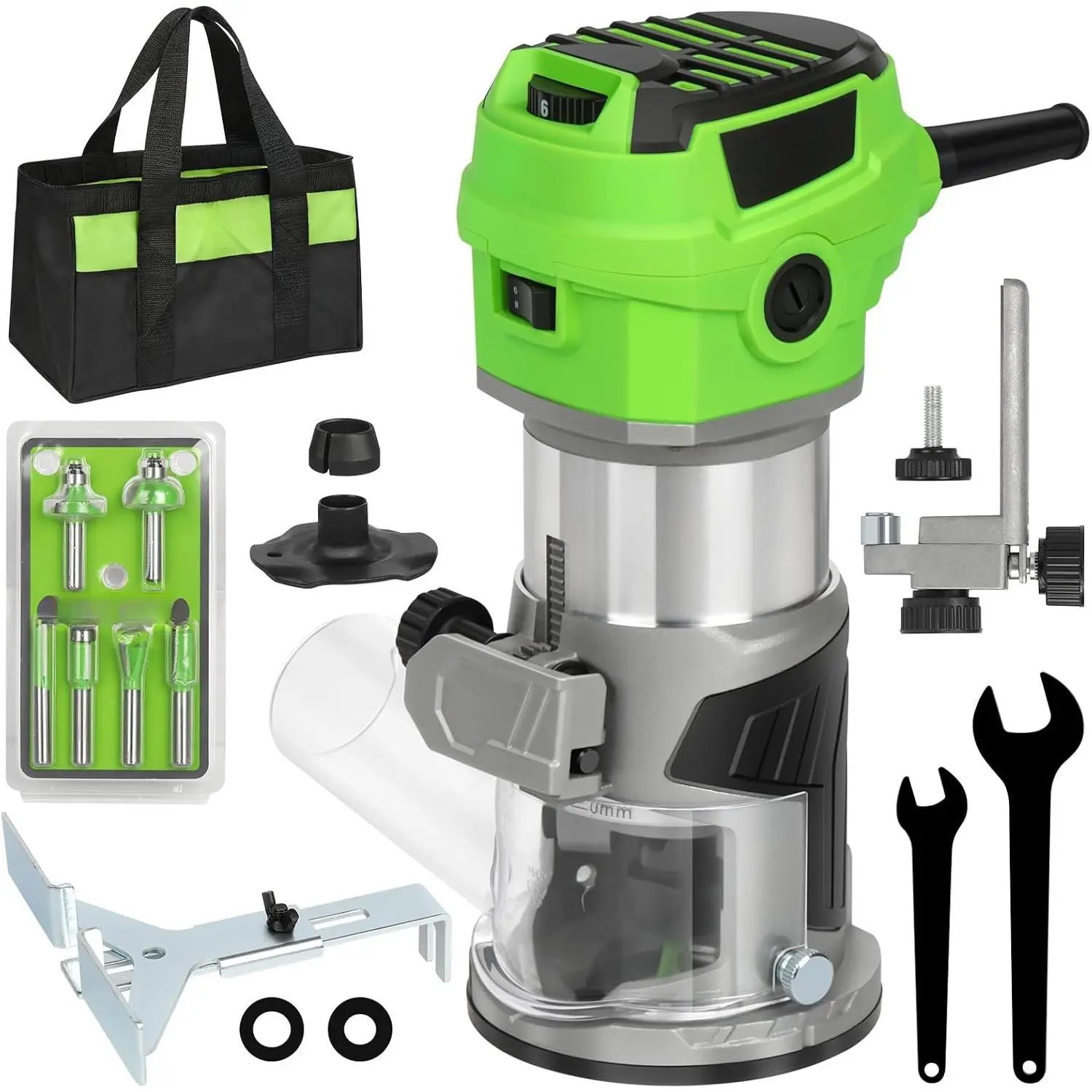 6.5 Amp Compact  Router with Fixed Base | 1.25  Variable-Speed Trim Router 12000-30000RPM, Router Bits,  Guide, Roller Guide & Dust