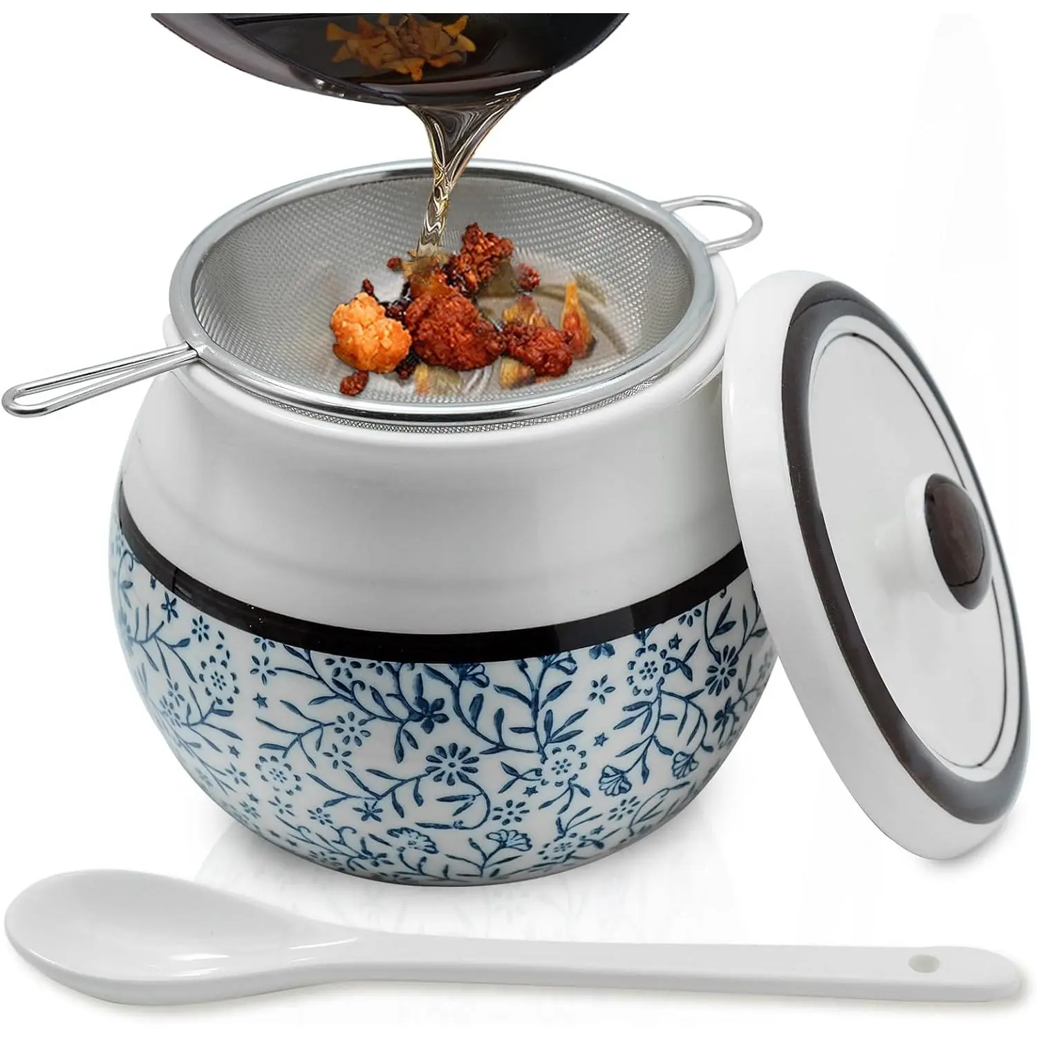 Ceramic Bacon  Saver with Strainer, 23oz Kitchen Cooking Oil Disposal Container, Dust-proof Bacon  Storage , Elegant White Can and Blue , Spoon Included