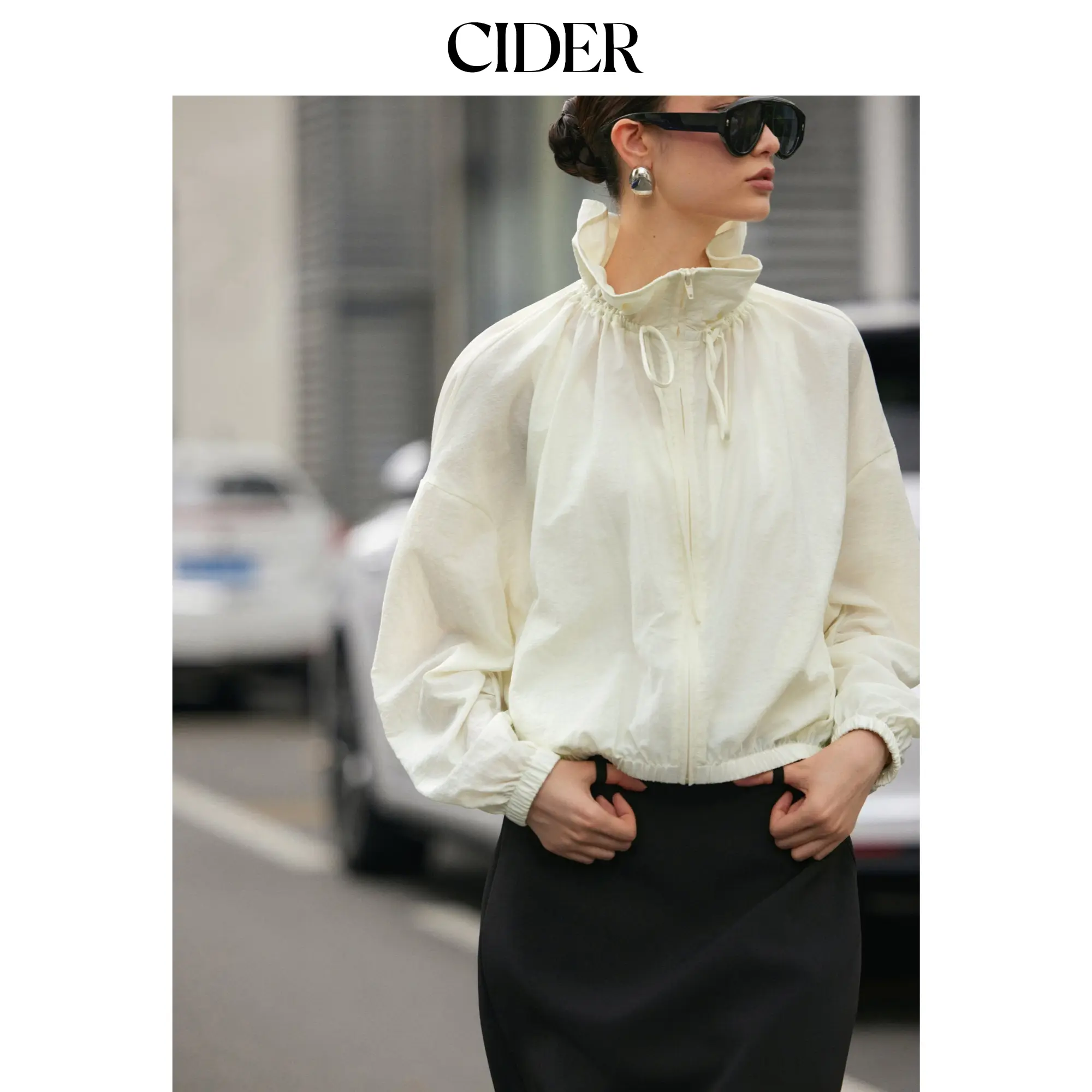 Cider Funnel Neck Drawstring Zip Through Lantern Sleeve Oversized Windbreaker Jacket SohoChic