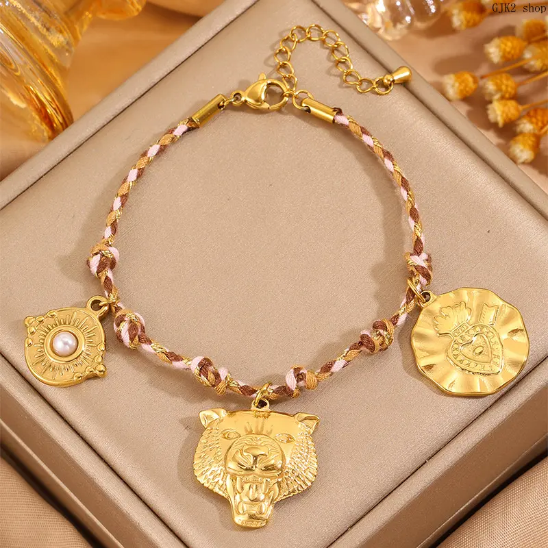 Women's Boho Braided Rope Bracelet - Gold Tone Adjustable Length Multi-Charm Set with Bear Head, Sun & Heart Charms, Bohemian Look Casual Daily Female Wear Jewelry