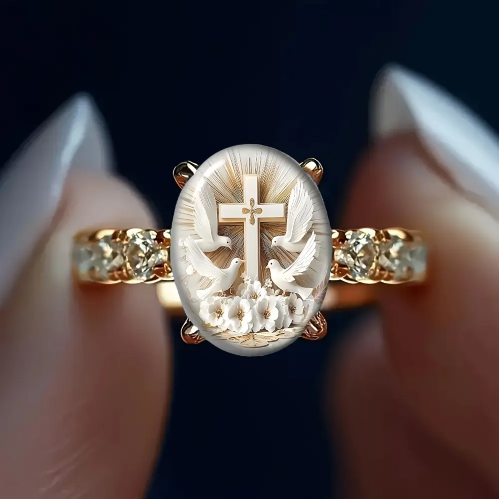 Gold Christian Cross Ring for Women, Dove Faith Ring, Religious Jewelry, Hope Peace Inspirational Gift