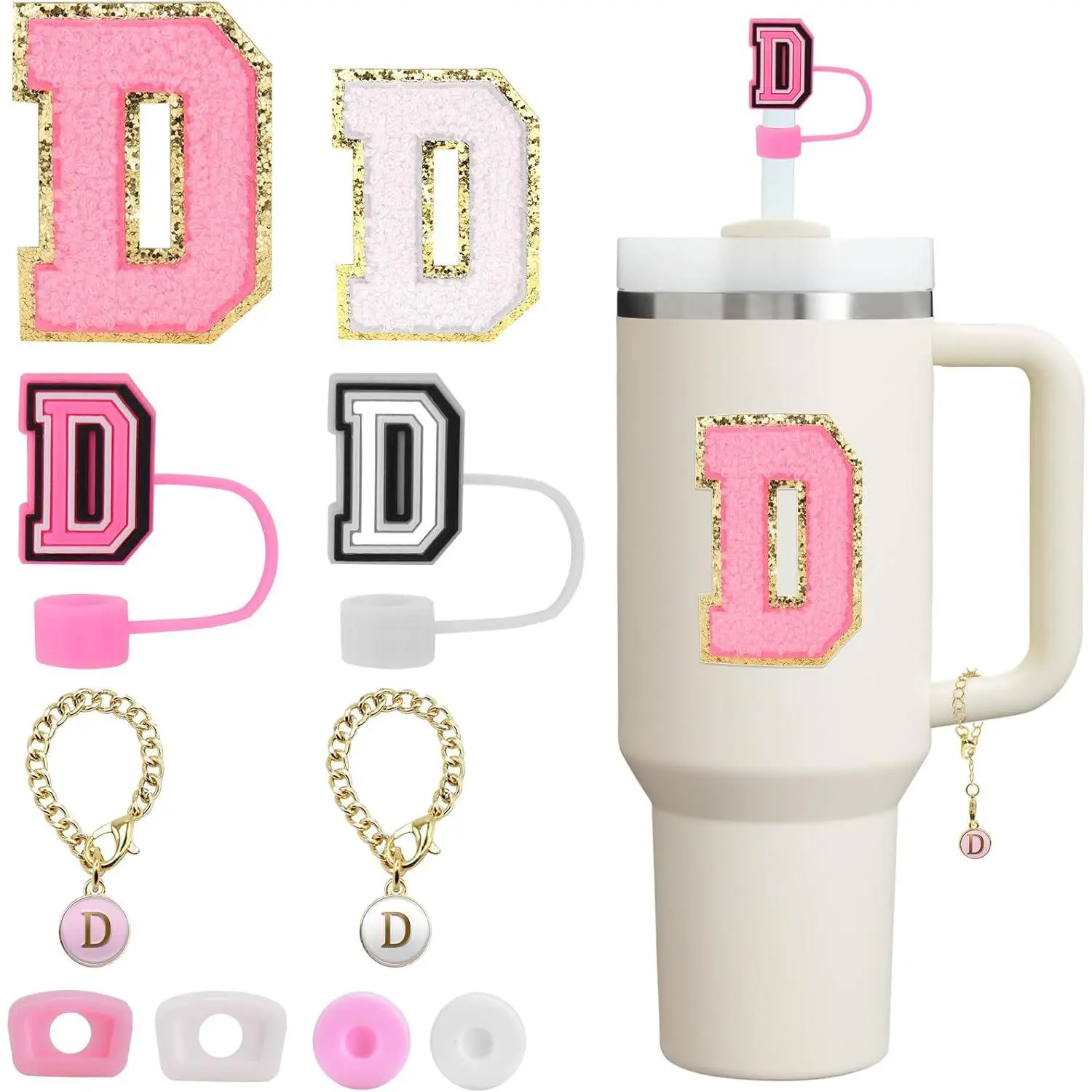 10 Count Set Designed for Stanley Cup Accessories - Including Straw Cover Cap, Letter Charm, Letter Stickers, Tumbler Spill Proof Stoppers for Stanley 40oz/ 30oz Pink Decorations