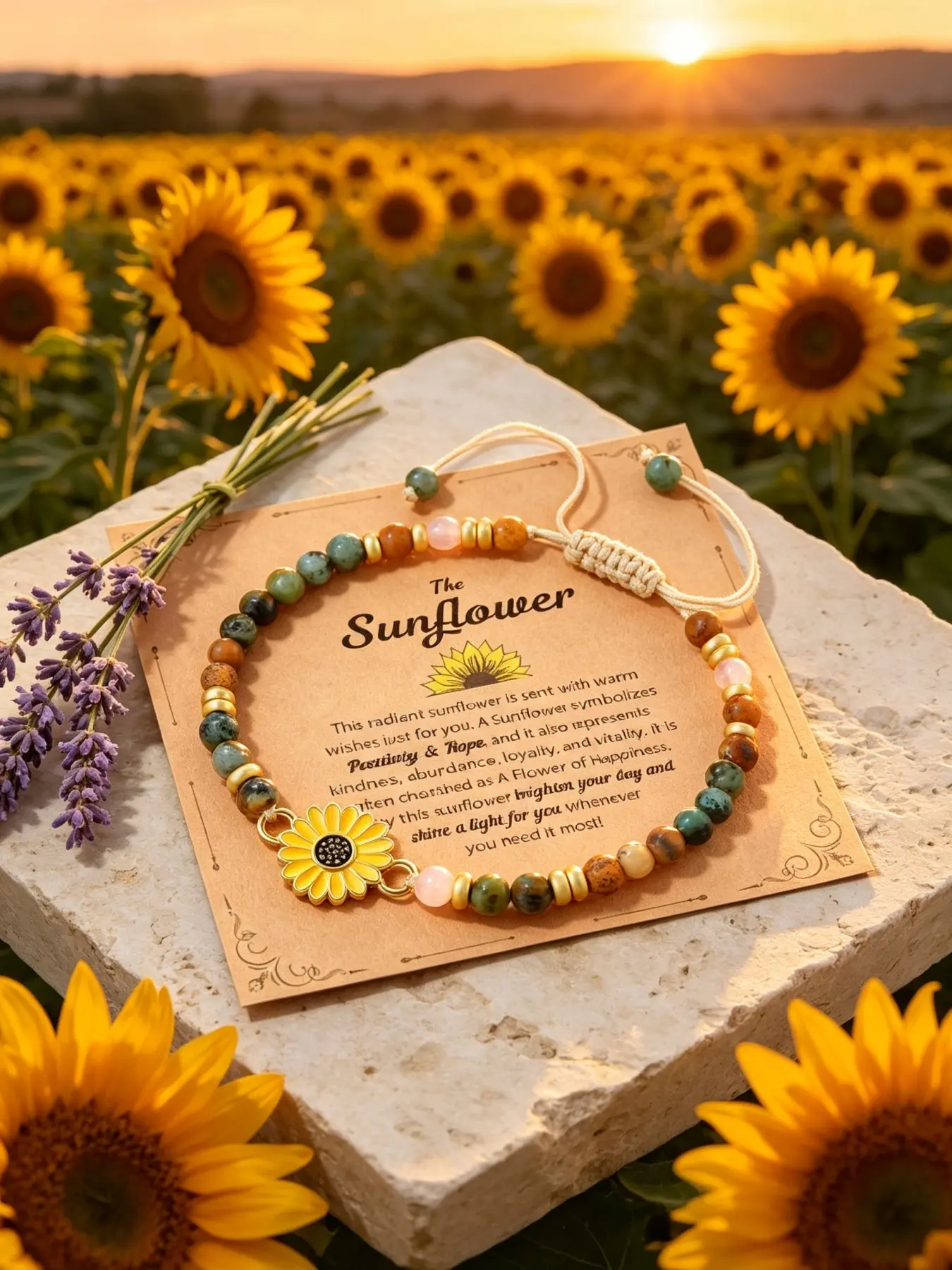 Adjustable Macrame Sunflower Charm Bracelet, Mixed Natural Stone And Pink Crystal Beads, Comes With Inspirational Sunflower Theme Kraft Paper Message Card, Ideal For Daily Wear, Birthday Holiday And Encouragement Gift For Women Girls Friends