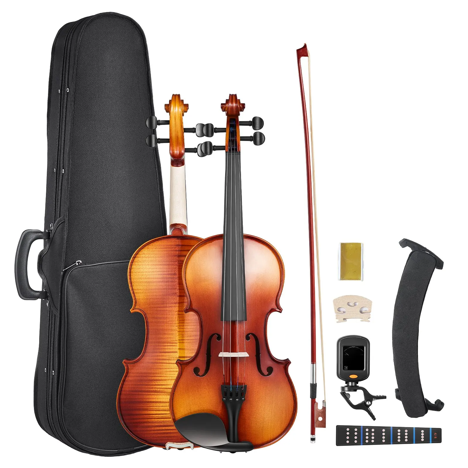 VEVOR Violin 4/4 Full Size for Adults, Violin Fiddle Set for Beginners Student with Hard Case, Rosin, Bow, Shoulder Rest, Bridge, Extra Strings, Professional Solidwood Instrument (Glossy Brown Patterned)