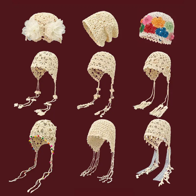 Hand Woven Floral Beanie Hat for Women, Thin Breathable Hollow Crochet Slouchy Cap Ethnic Tassel Knit Hat, Knitted Slouchy Cap, Bead Flower Hollow - Beige