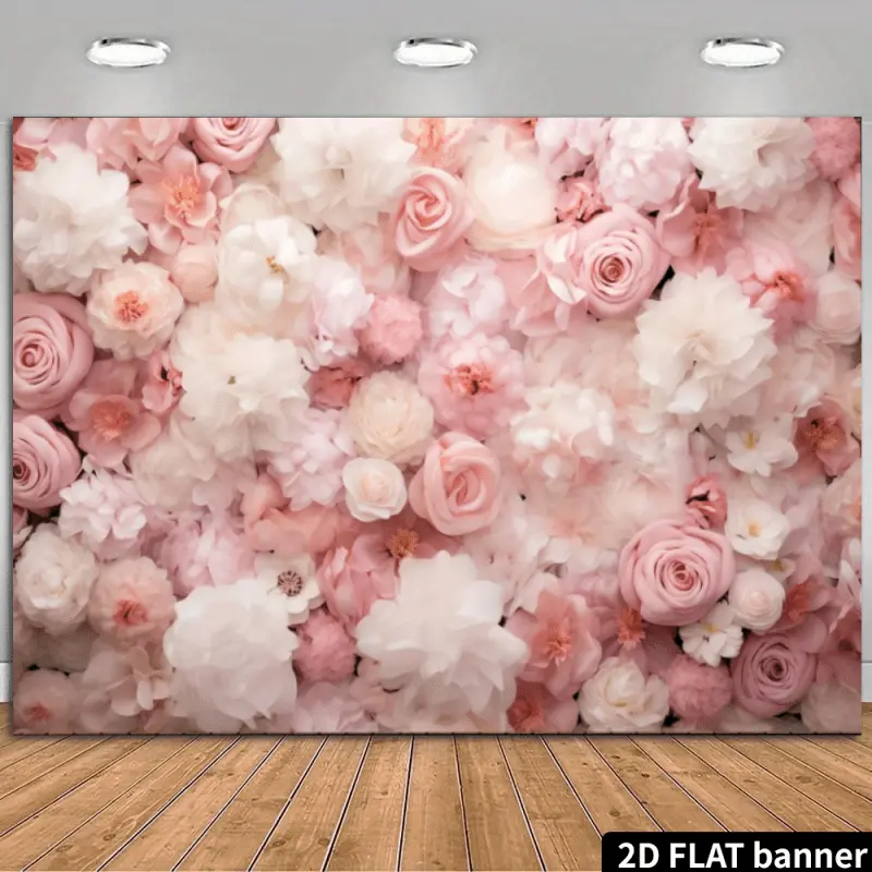 Lightweight Spring Pink Rose Floral Wall Banner Backdrop, Elegant 2D Tapestry Decoration for Wedding Photography, Bridal Shower Events