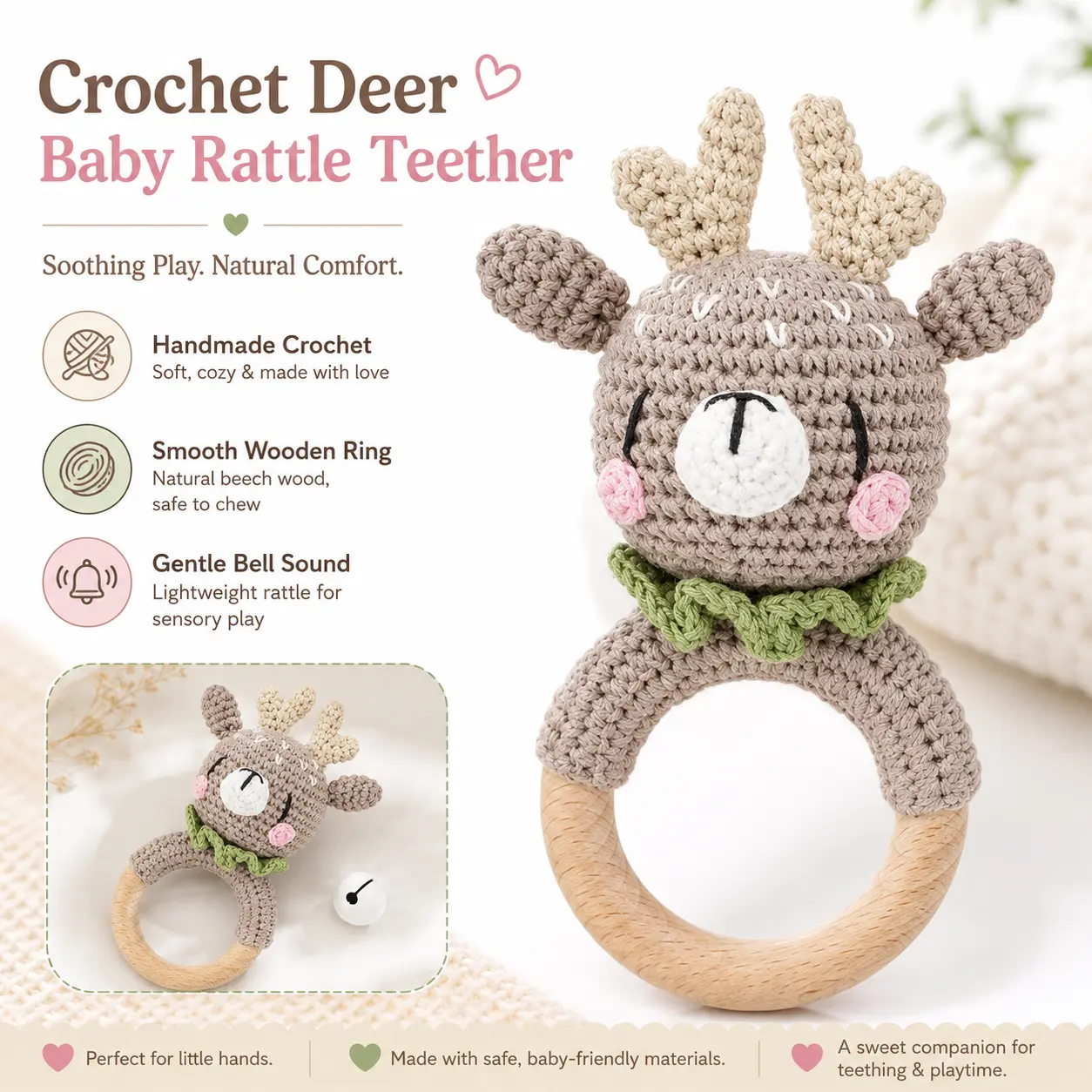 Handmade Crochet Teether Rattle for Babies, Soft Cloth Animal Soothing Toy with Safe Material Wooden Ring, Newborn Gift, Animal Theme, Animal Shapes