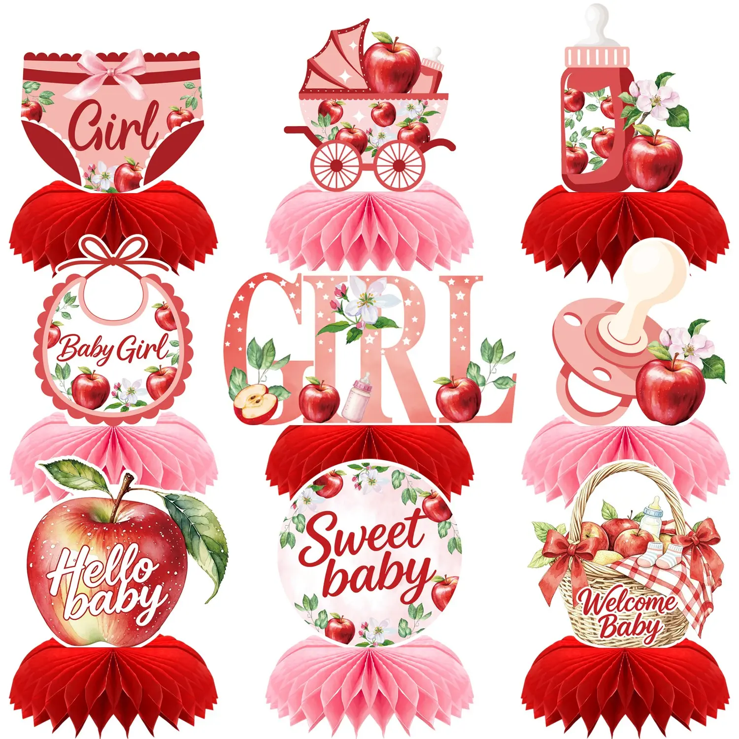 9Pcs Apple Themed Baby Girl Honeycomb Tabletop Centerpieces, Sweet Baby Shower Table Decorations, Pink Red 3D Paper Table Toppers for Girl Baby Shower Party Supplies