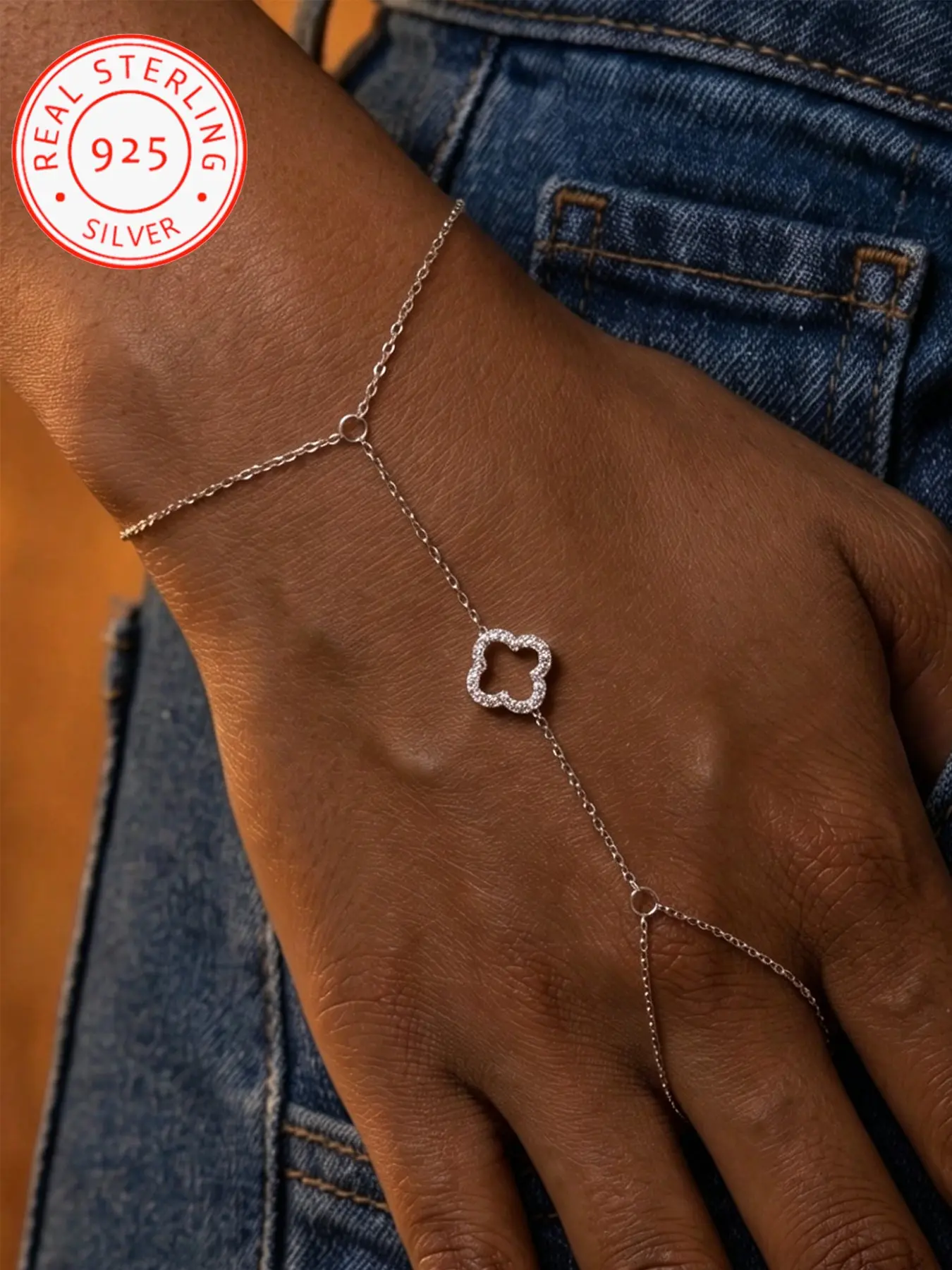Elegant S925 Silver Clover Finger Chain Bracelet, Hand Chain, Chic Women's Jewelry, Perfect for Daily Wear, Ideal Gift for Mother's Day, Wedding Anniversary