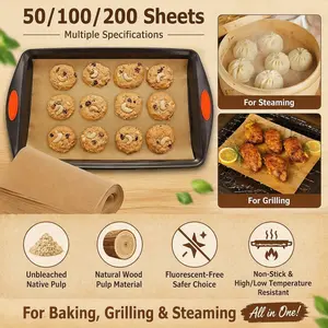 50/100/200-sheet packs of baking parchment paper, Non-stick, pre-cut baking parchment paper, barbecue paper, steamer paper, kraft paper, Baking Essentials, suitable for baking, cooking, grilling, frying, and steaming, unbleached, fits baking sheets
