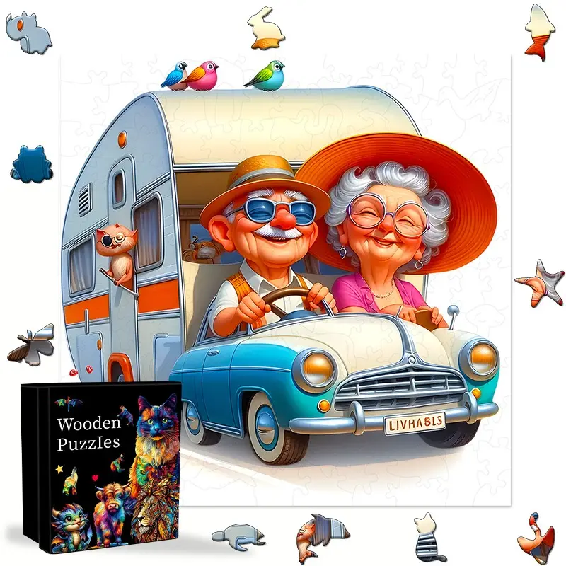 Couple Retro RV Camping Wooden Puzzle, Adult and Teen Challenging Puzzle, Nostalgic Gift for Family, Christmas, Birthday, Thanksgiving
