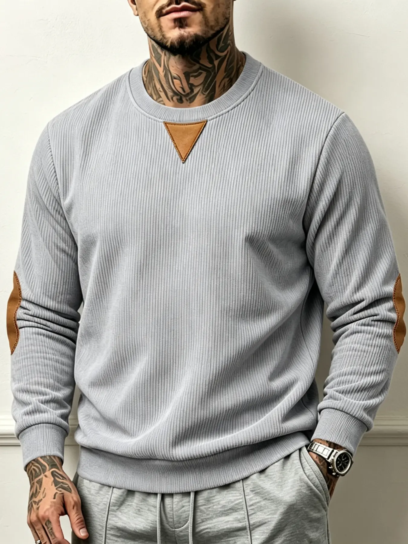 Men's Vintage Vertical Ribbed Crew Neck Long Sleeve Sweatshirt, Casual, Soft Stretch Pullover Top, Wrinkle Resistant Versatile Elastic Basic Layering Shirt, Suitable for Layering, Commute, Street & Daily Outfits, Multi Colors & Plus Sizes S-3XL