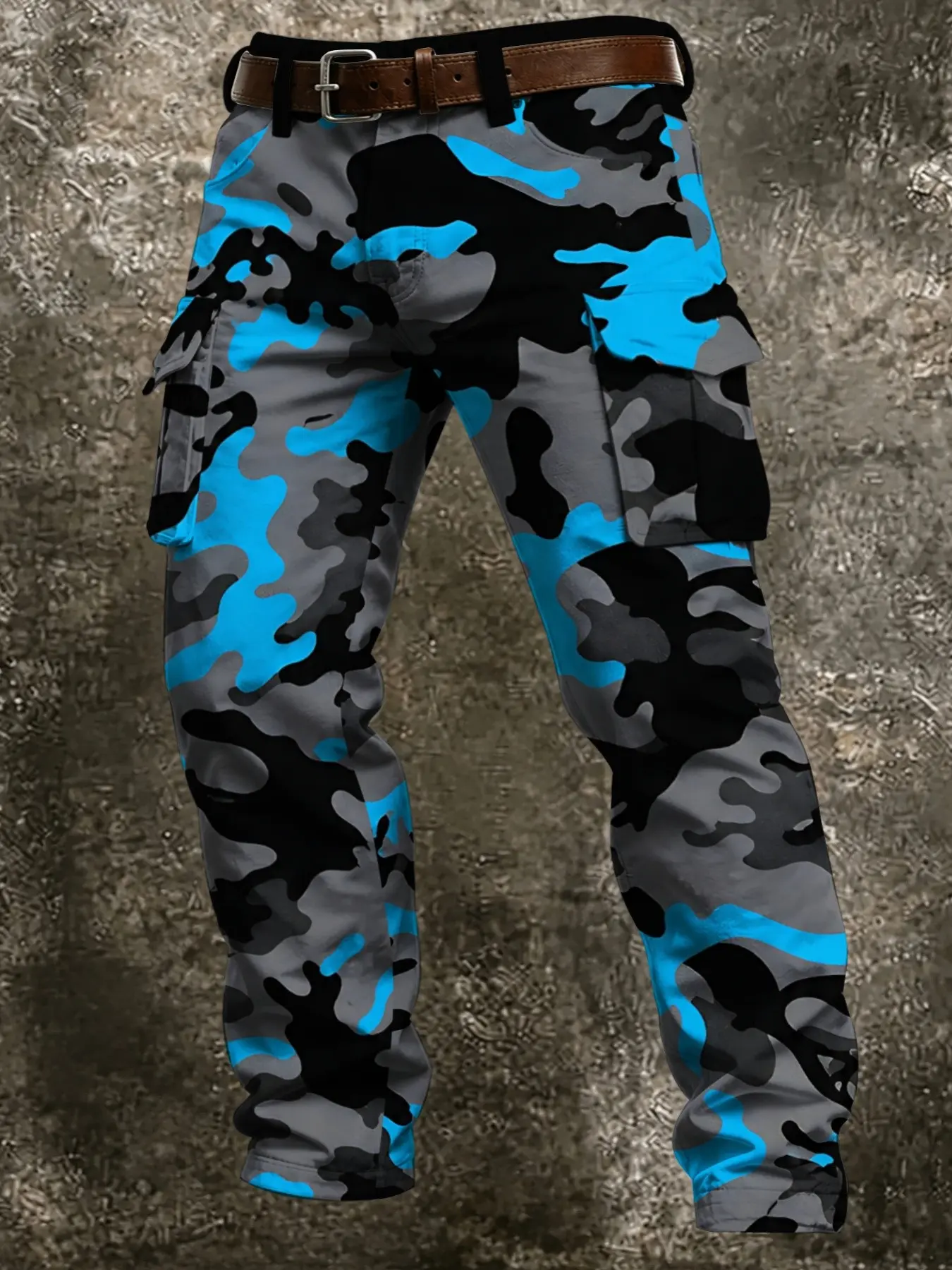 Cold Color Trendy Camouflage Workwear Pants, Flip Cover Multi-Storage Side Pockets, Full Blue Camo Print, Casual Outdoor Streetwear Long Pants
