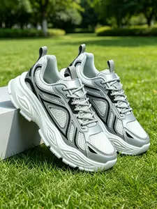 Men's Low Top Sporty Sneakers, PU Leather Colorblock Design, Shock Absorbing Thick Sole, Lightweight Laces, Ideal for Urban Exploration