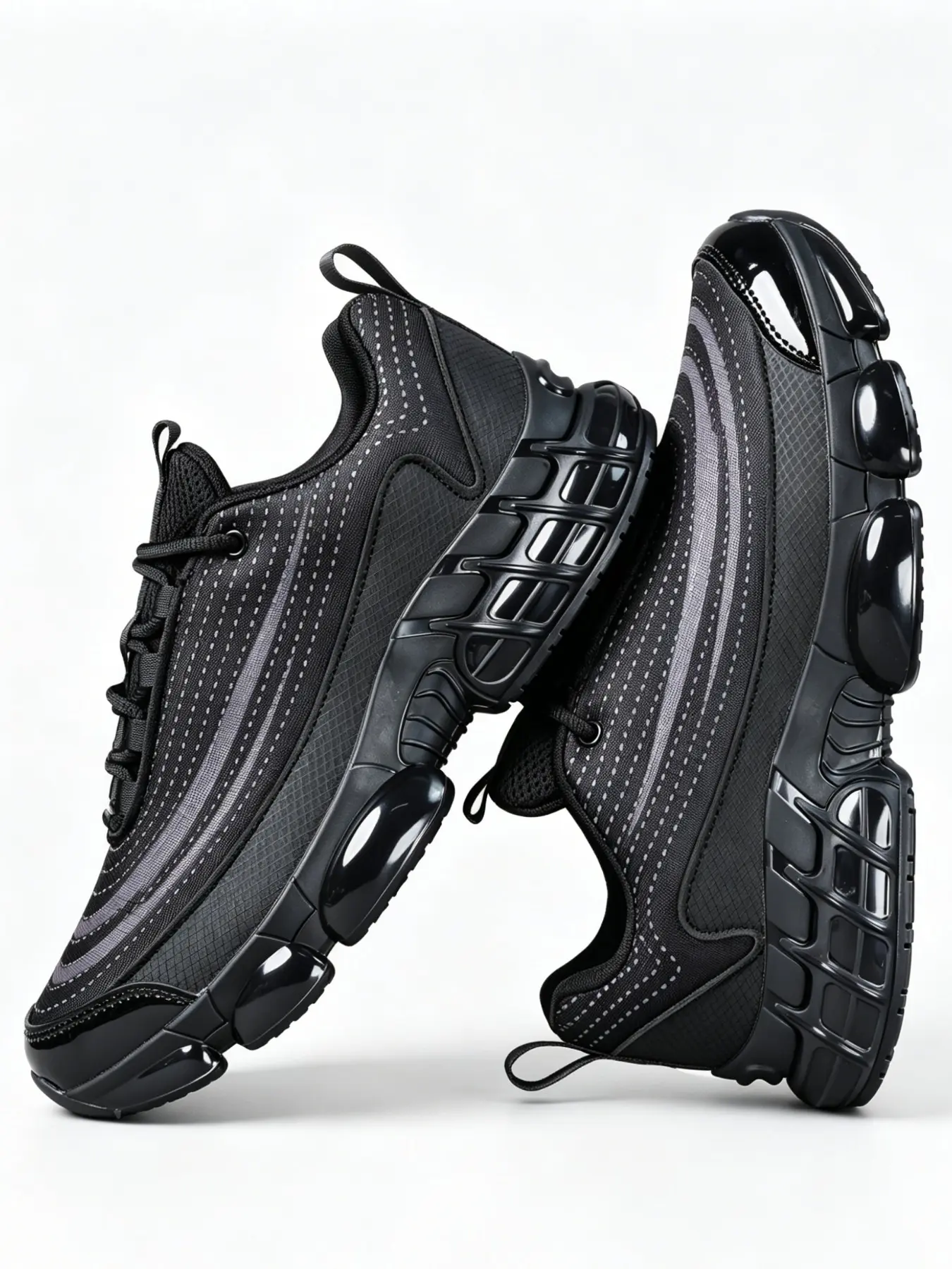 Men's Reflective Line Thick Sole Dad Shoes, Breathable Mesh, Bubble Cushion, Night Safety, Outdoor Training, Casual Sports Sneakers, Thick Soled Sneakers, Chunky Sneakers
