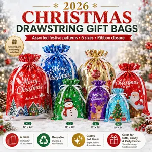 2026 Christmas Drawstring Gift Bags, Assorted Festive Pattern Present Wrapping Bags with Ribbon Closure, Holiday Goodie Treat Bags in Multiple Sizes for Xmas Gifts, Candy, Cookies, Party Favors, Stocking Stuffers & Christmas Decor