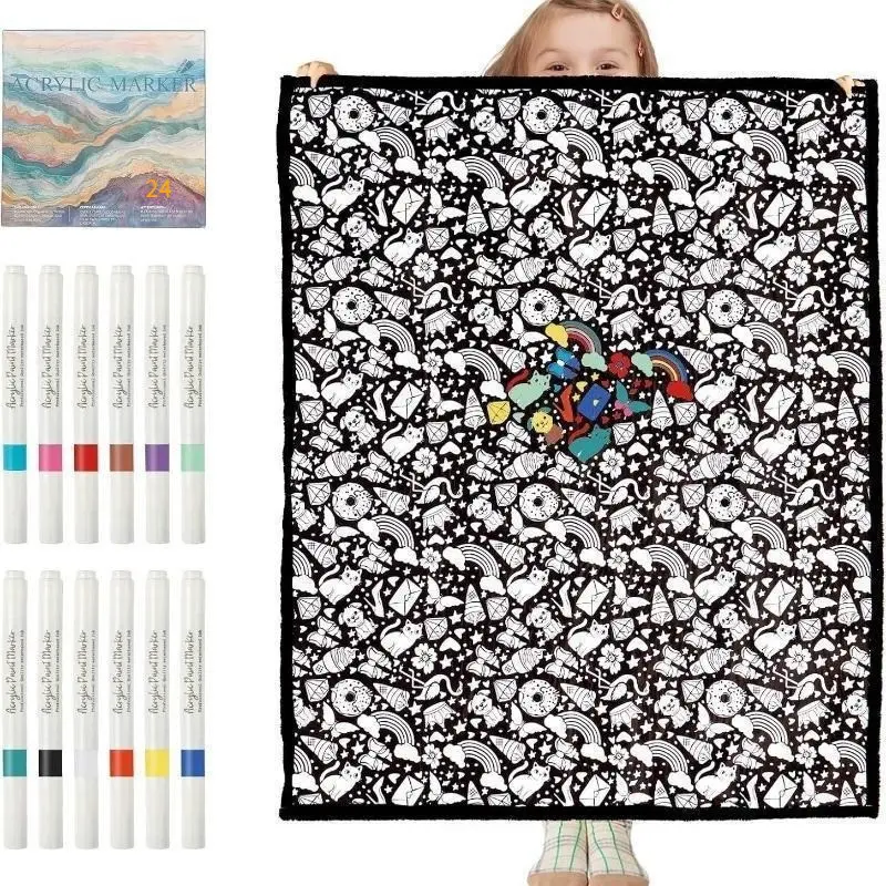 DIY Coloring Blanket with 24 Markers Kit Washable & Color Your Own Blanket with Cozy Velvet Back Suitable for All Ages Fun Creative Set for Everyday Use & Home Decor