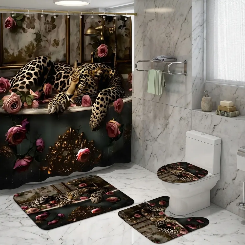 4pcs Leopard Print Floral Roses Bathroom Decor Set, Vintage Jungle Safari Style Shower Curtain Backdrop, Glam Leopard Pattern with Pink Roses & Gold Accents, TikTok Shop Hot Trending Party Style