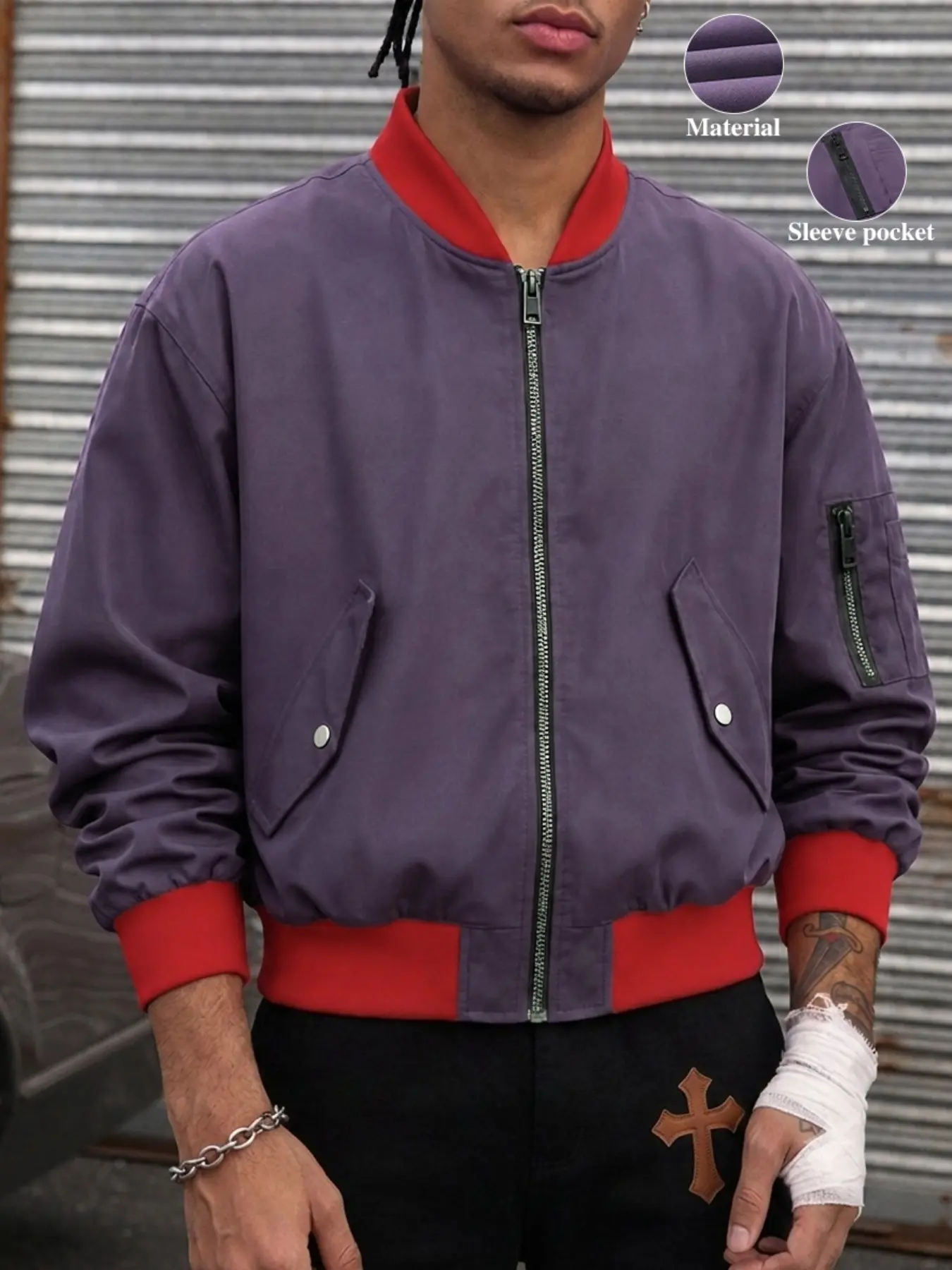 Men's Autumn/Winter Everyday Retro Hip Hop Y2K Streetwear Red and Purple Color Block Long-Sleeve Jacket with Pockets, Suitable for Home, Outdoor, Urban, Slim Fit, Trendy, Casual, Youthful, Simple, Campus, Retro, Versatile, High-Quality, Stylish