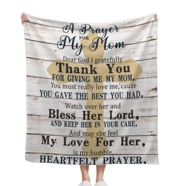 Distressed White Wood Plank Golden Cross A Prayer For My Mom Religious Quote Flannel Throw Blanket Christian Faith Mom Blessing Warm Comfort Mother's Day Birthday Christian Gift For Mom 30*40in 40*50in 50*60in 60*80in US Hand Knitted Chunky Chenille