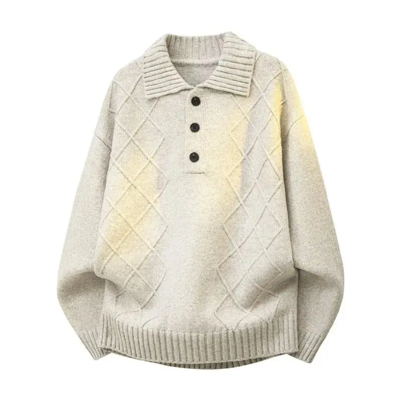 Ribbed lapel half button knit sweater, embossed diamond cable texture, ribbed cuffs and hem, loose oversized relaxed cut, soft thick knit fabric, vintage casual polo jumper for spring autumn daily layered outfits