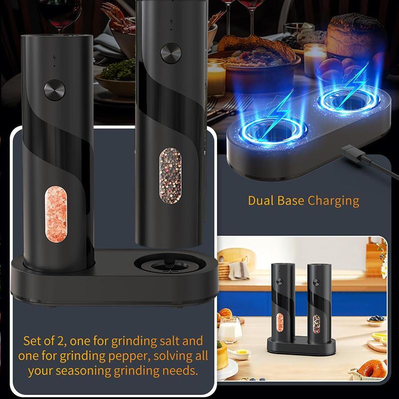 Modern Electric Salt & Pepper Grinding Tool Set, 1 Set Including 2 Counts Usb Rechargeable Seasoning Grinding Bottles with 1 Count Storage Base, Kitchen Seasoning Utensils, Kitchen Appliances, Kitchen Gadgets, Gifts, Salt Pepper Shakers