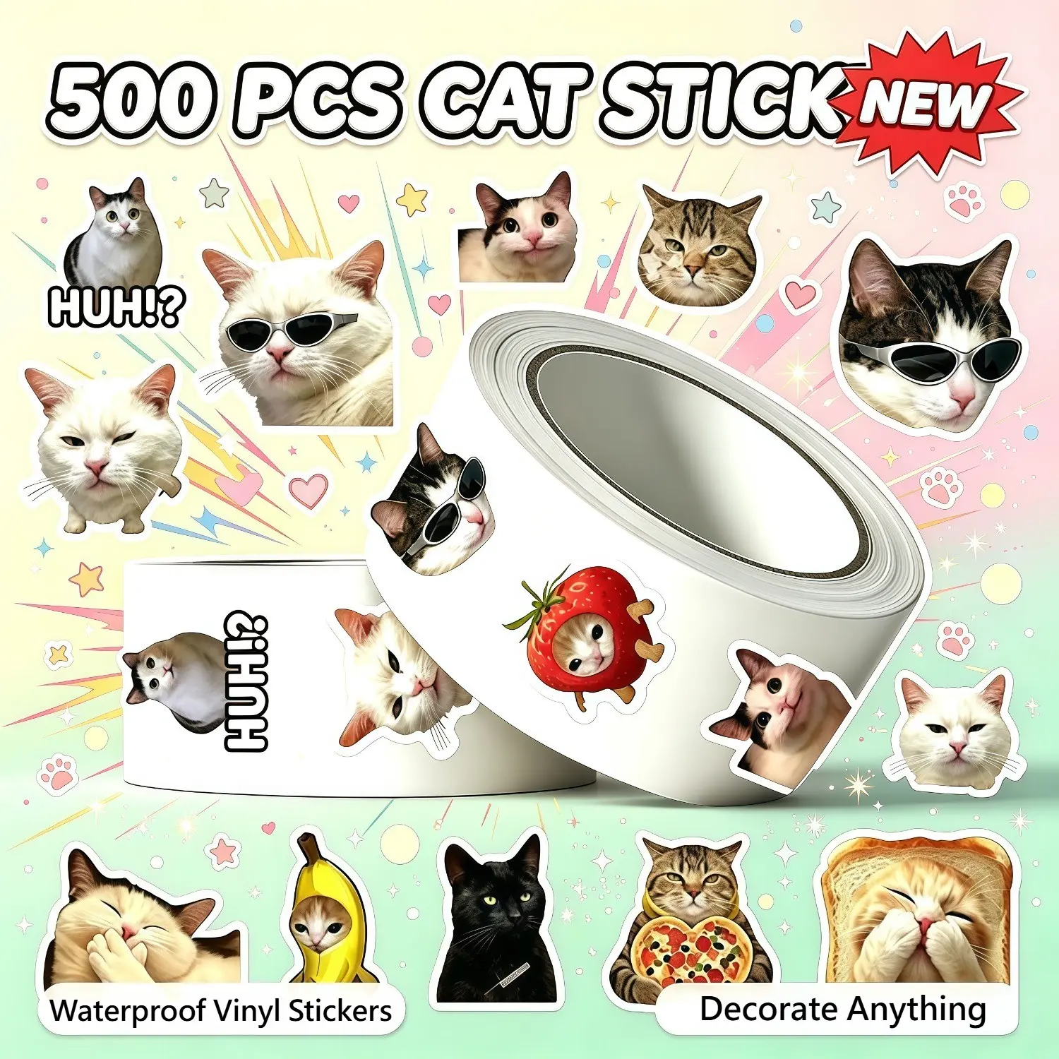 500PCS Kawaii Meme Cat Sticker Roll, Waterproof Cute Banana Strawberry Cat Faces, Funny Huh Cat Expression Stickers for Journal, Water Bottle, Packaging Sealing, Sweet Gift for Stationery Lovers