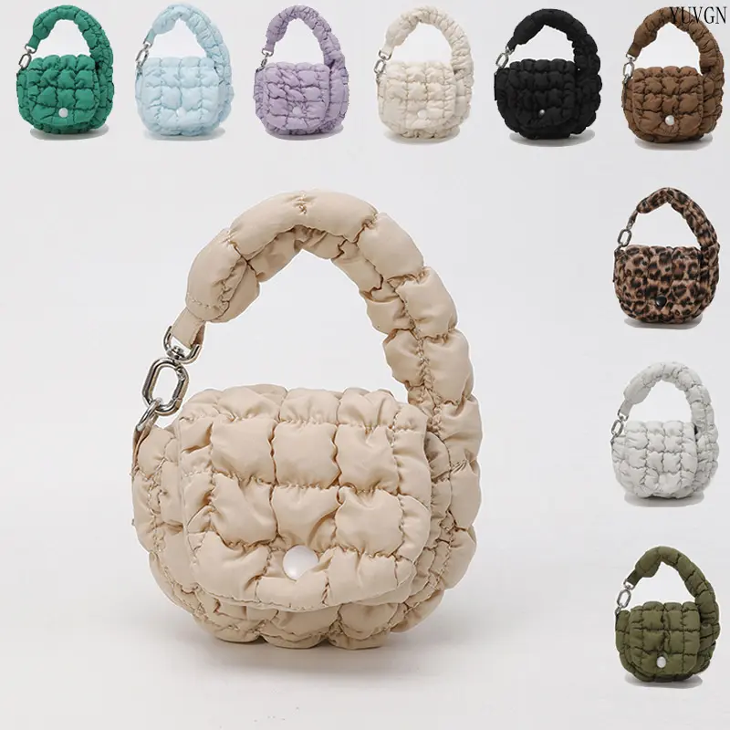 Women's Mini Puffer Bag, Casual Quilted Leopard Print Top Handle Hobo Purse with Button Closure