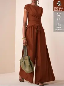 Women's Viscose Waist Cinch Tie Top, Casual Wide Leg Long Pants Set, Fashionable Bodycon Shirt, Comfortable Daily Wear