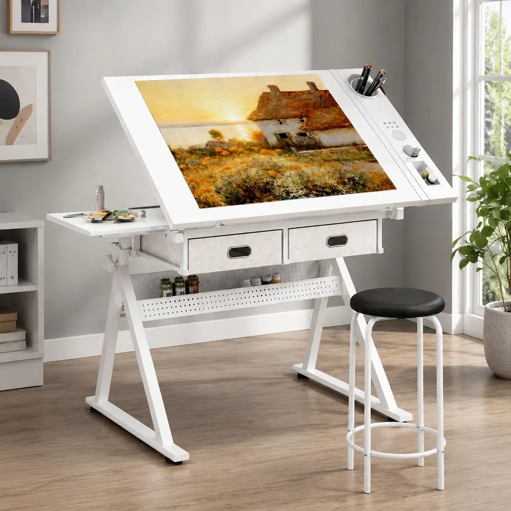 ARCH Furniture Adjustable Fabric Exterior Drafting Table Desk for Adults & Art Studios - Tiltable Top, Height-Adjustable Legs, 2 Drawers, Storage, Included Stool, Durable White MDF, 38.58x23.62in, 150kg Capacity