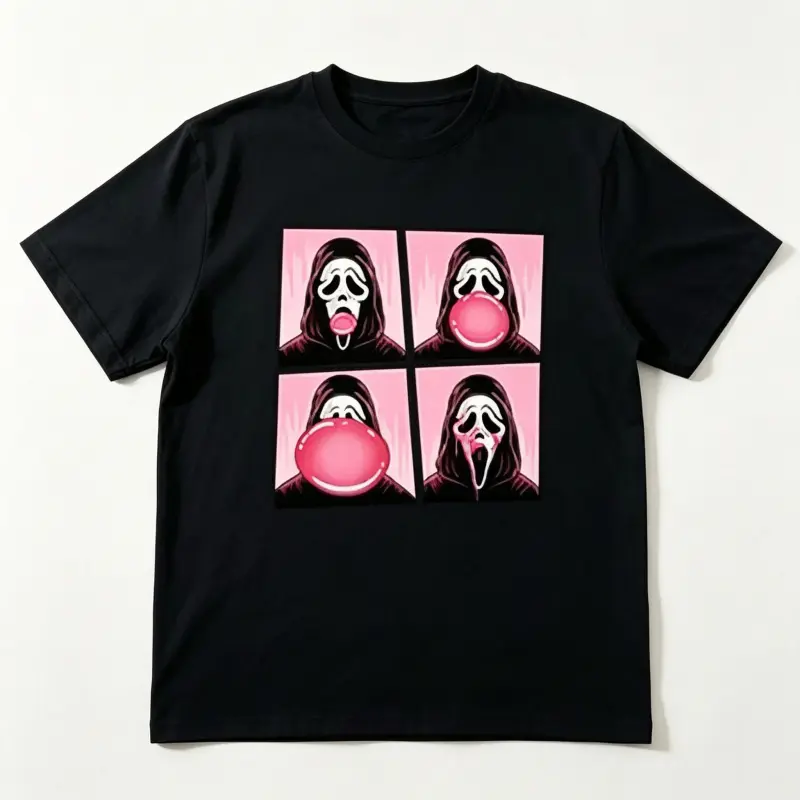 Pink Ghost Face Bubble Gum Graphic Tee for Women Oversized Black Cotton T-shirt Summer Casual Funny Horror Top