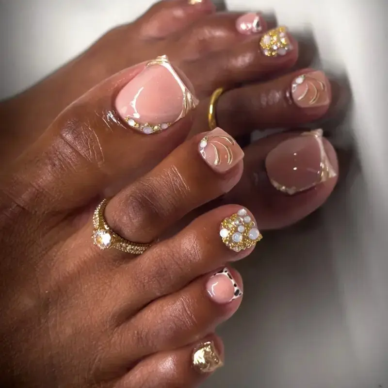 Cute 24Pcs Bling French Press-On Toenails - Rhinestones & Pearl Foot Nails with Glossy Glitter Finish, Summer Pedicure DIY Set for Beach & Vacation, Salon-Grade Fashion Accessory Kit