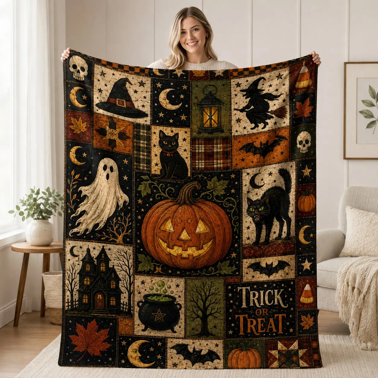 Vintage Halloween Patchwork Flannel Blanket, Pumpkin Ghost Black Cat Witch Throw for Bed Sofa, Spooky Fall Decor Gift