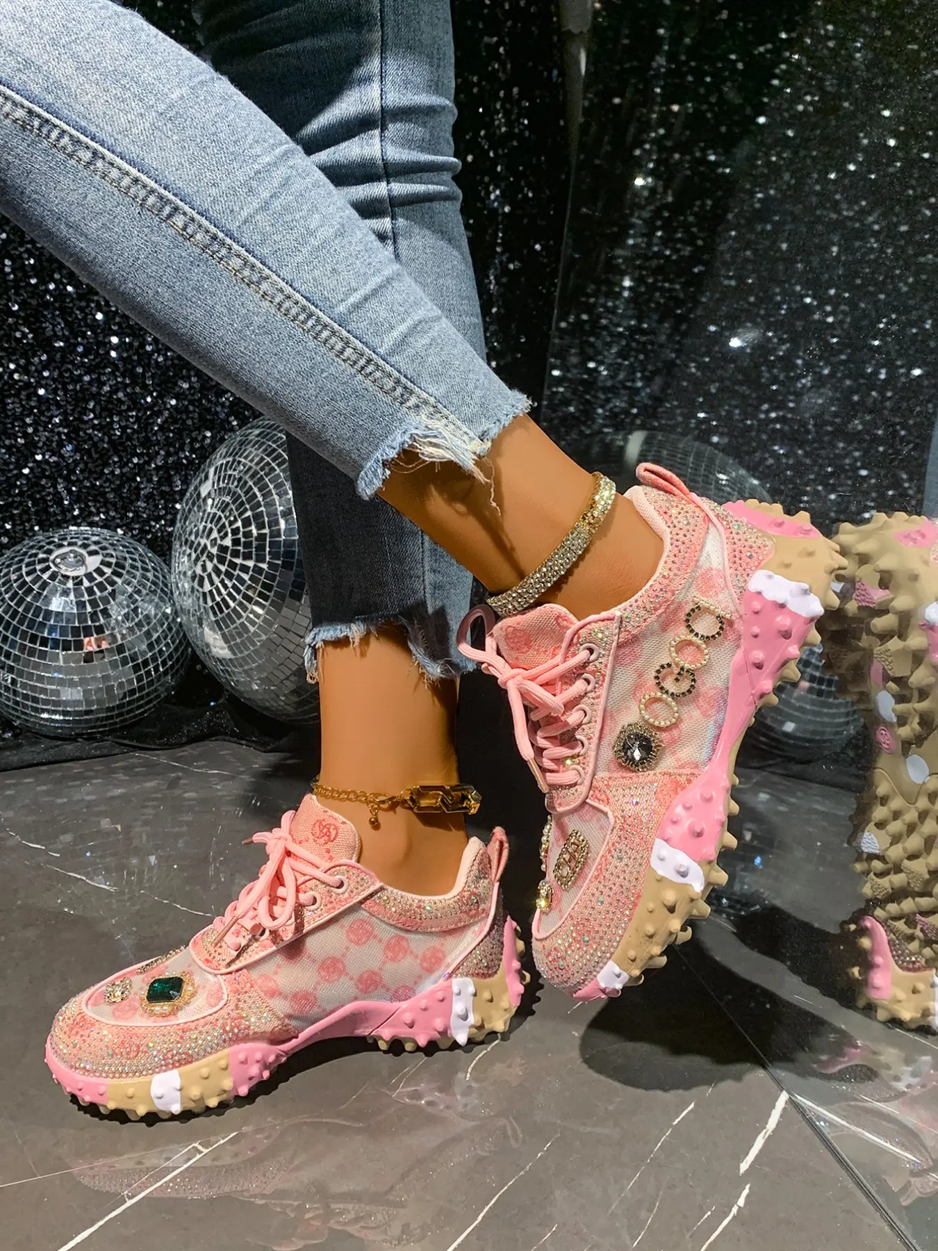 Rhinestone Breathable Mesh Women's Casual Trendy Sneakers, Footwear, Hollow Out Design, Non-Slip Rubber Sole, Casual Style, Perfect for Nightclub and Vacation