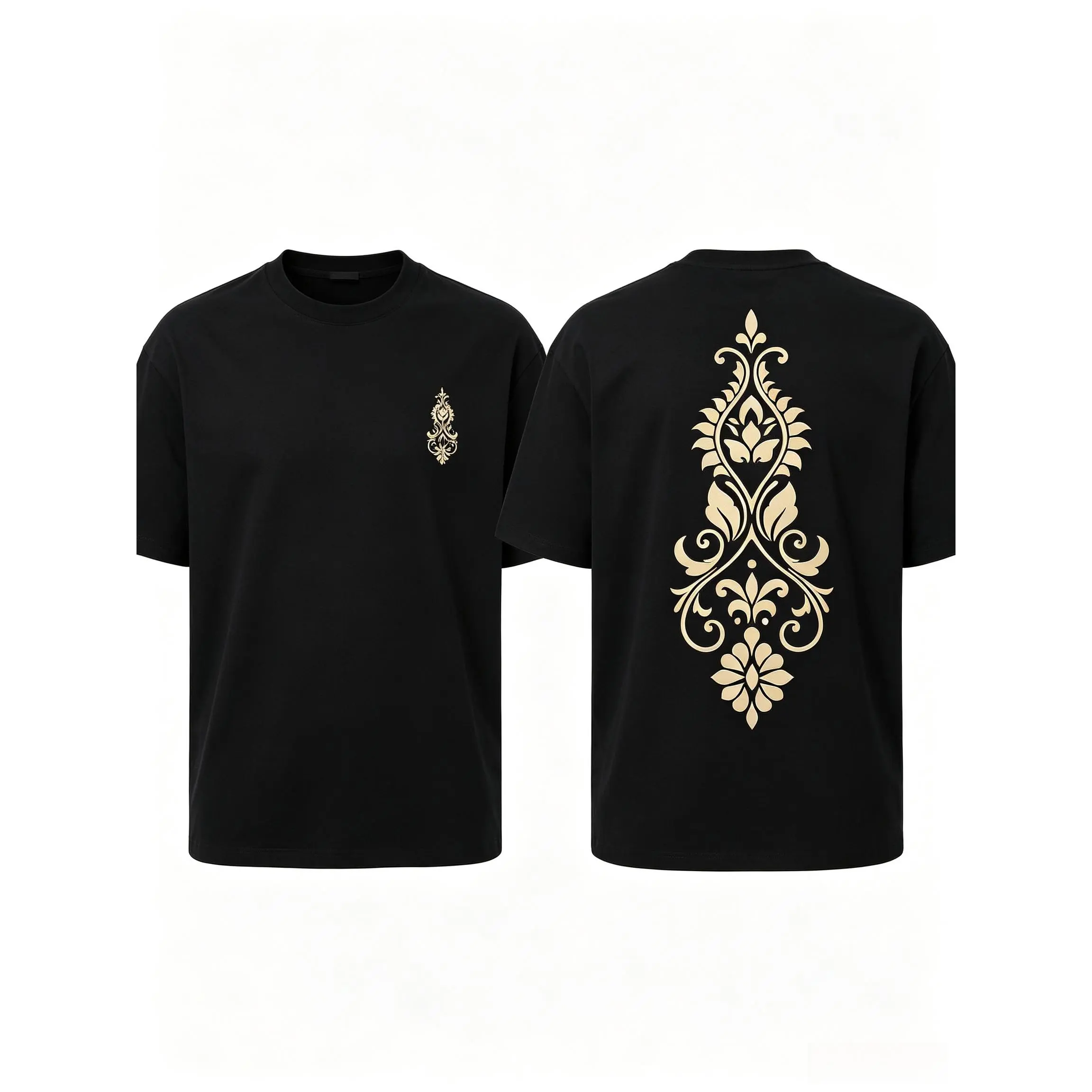 Men's Pure Cotton Round Neck Short-Sleeve Casual Classic T-Shirt with Interlocking Scrolling Vine Pattern, Menswear Top