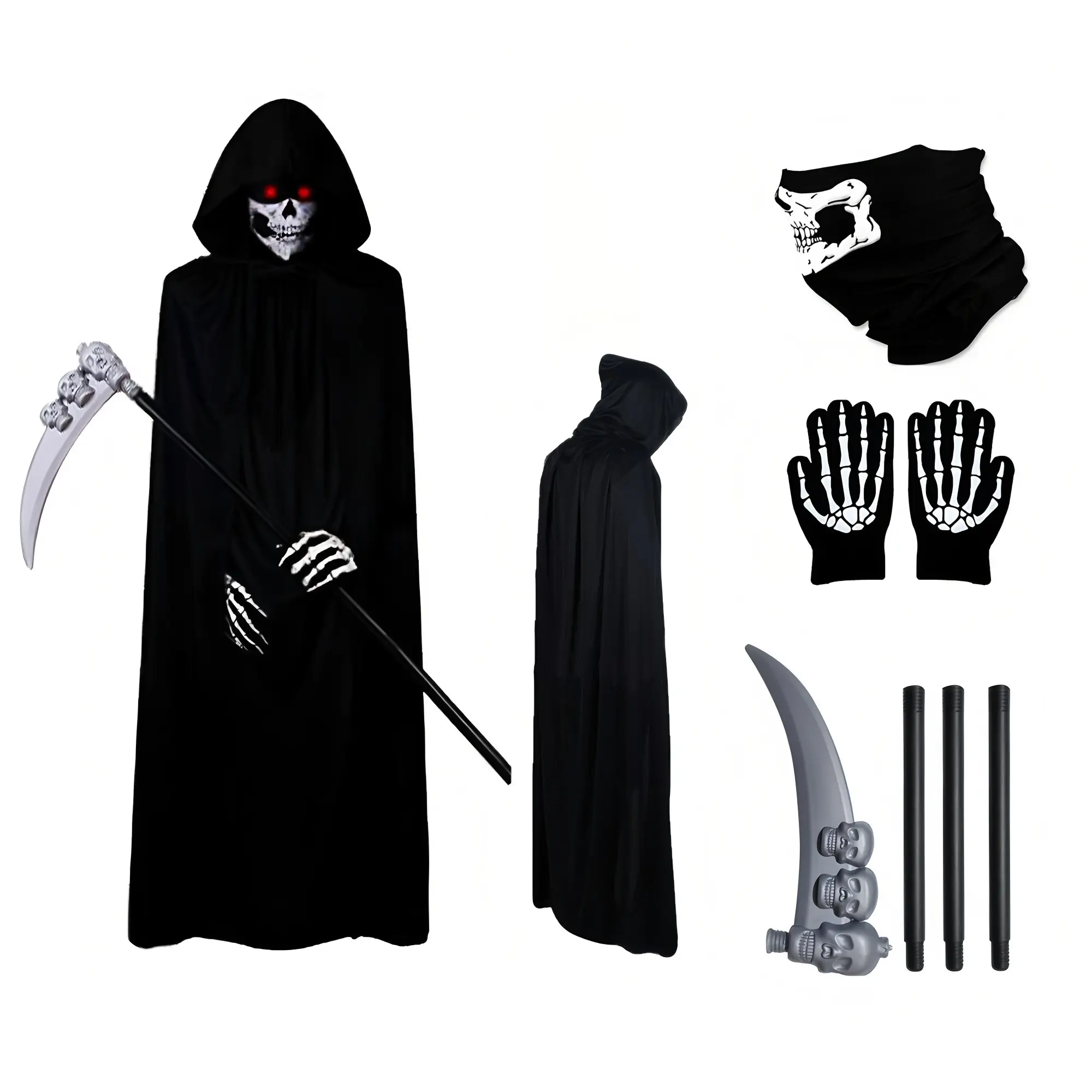 4pcs Halloween Adult Grim Reaper Costume Set, Cloak, Scythe Gloves, Skull Mask, Perfect for Halloween Parties and Events